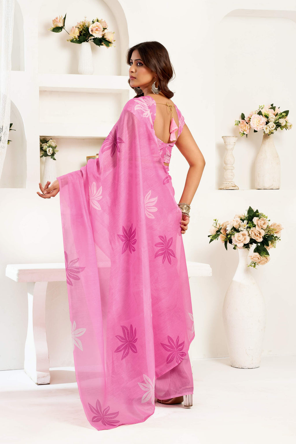 Pink Printed Linen Ready To Wear Saree With Unstitched Blouse