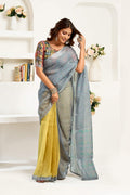 Grey printed ready to wear linen saree with included unstitched blouse