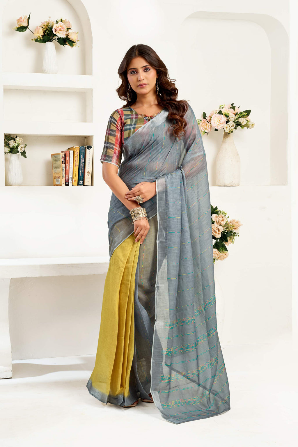 Grey Printed Ready To Wear Saree with Unstitched Blouse