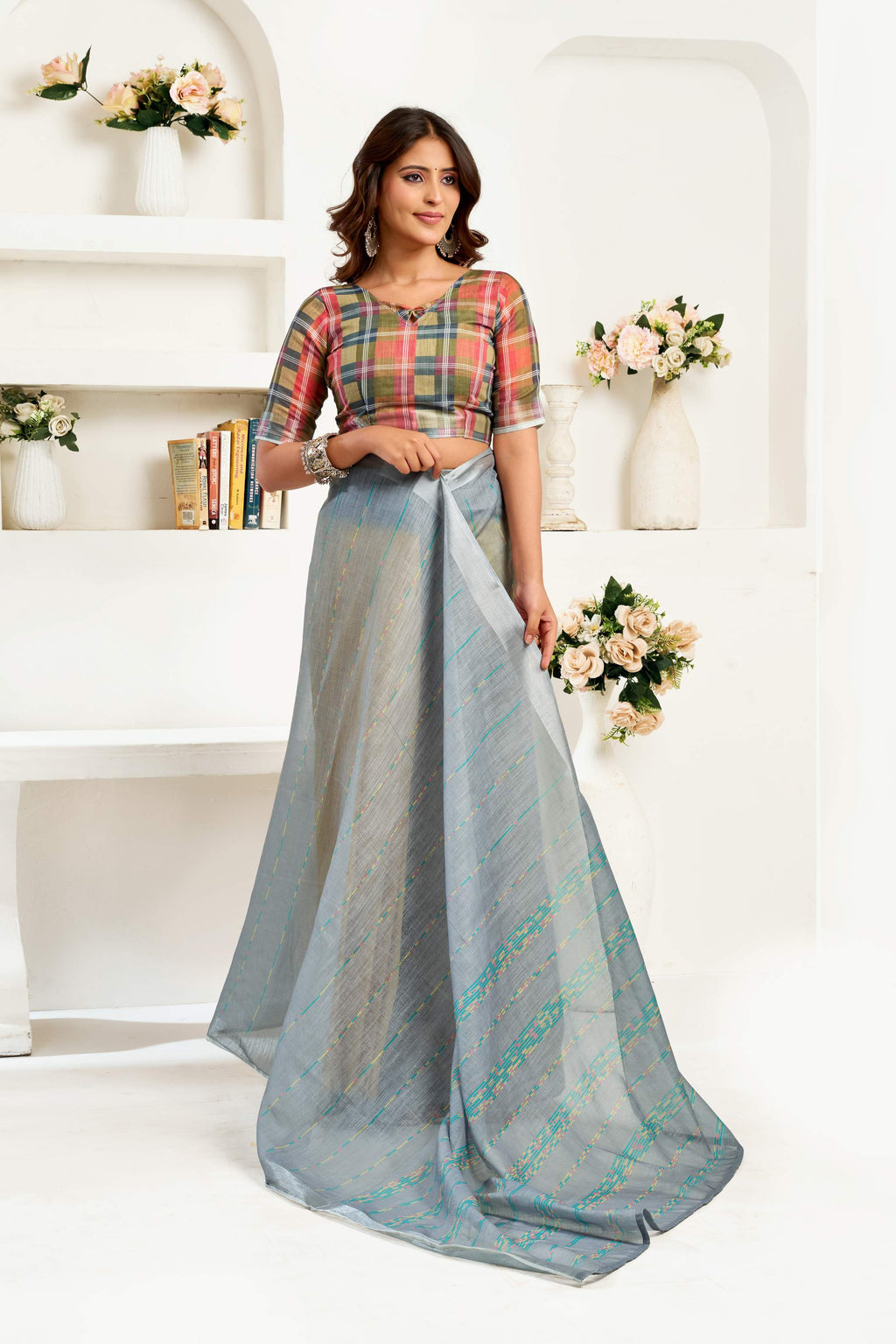 Grey Printed Ready To Wear Saree with Unstitched Blouse