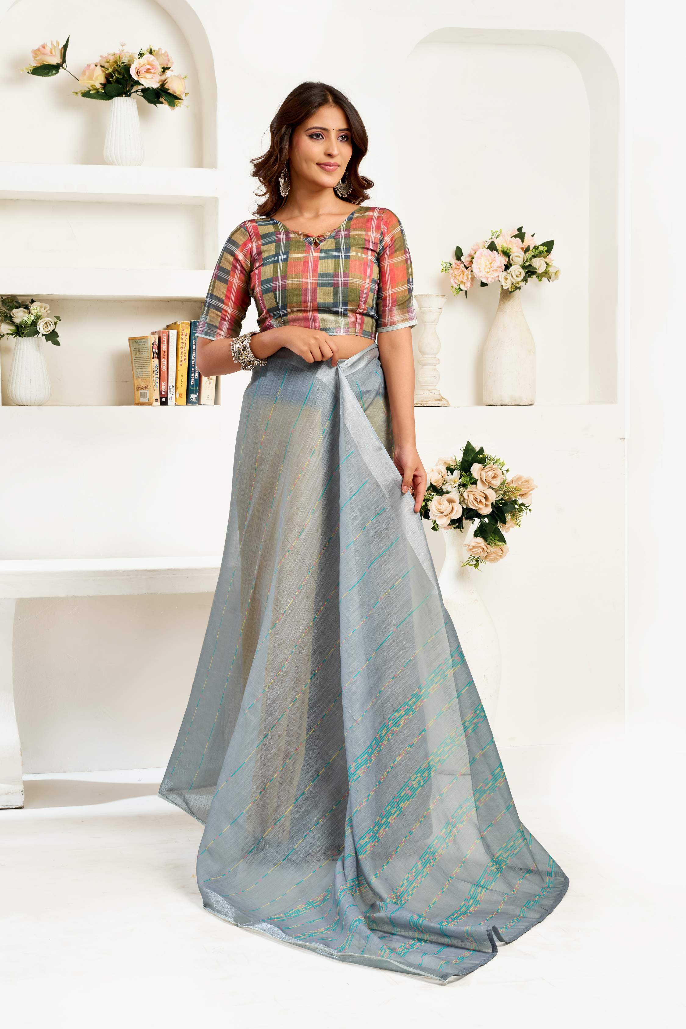 Grey Printed Ready To Wear Saree with Unstitched Blouse