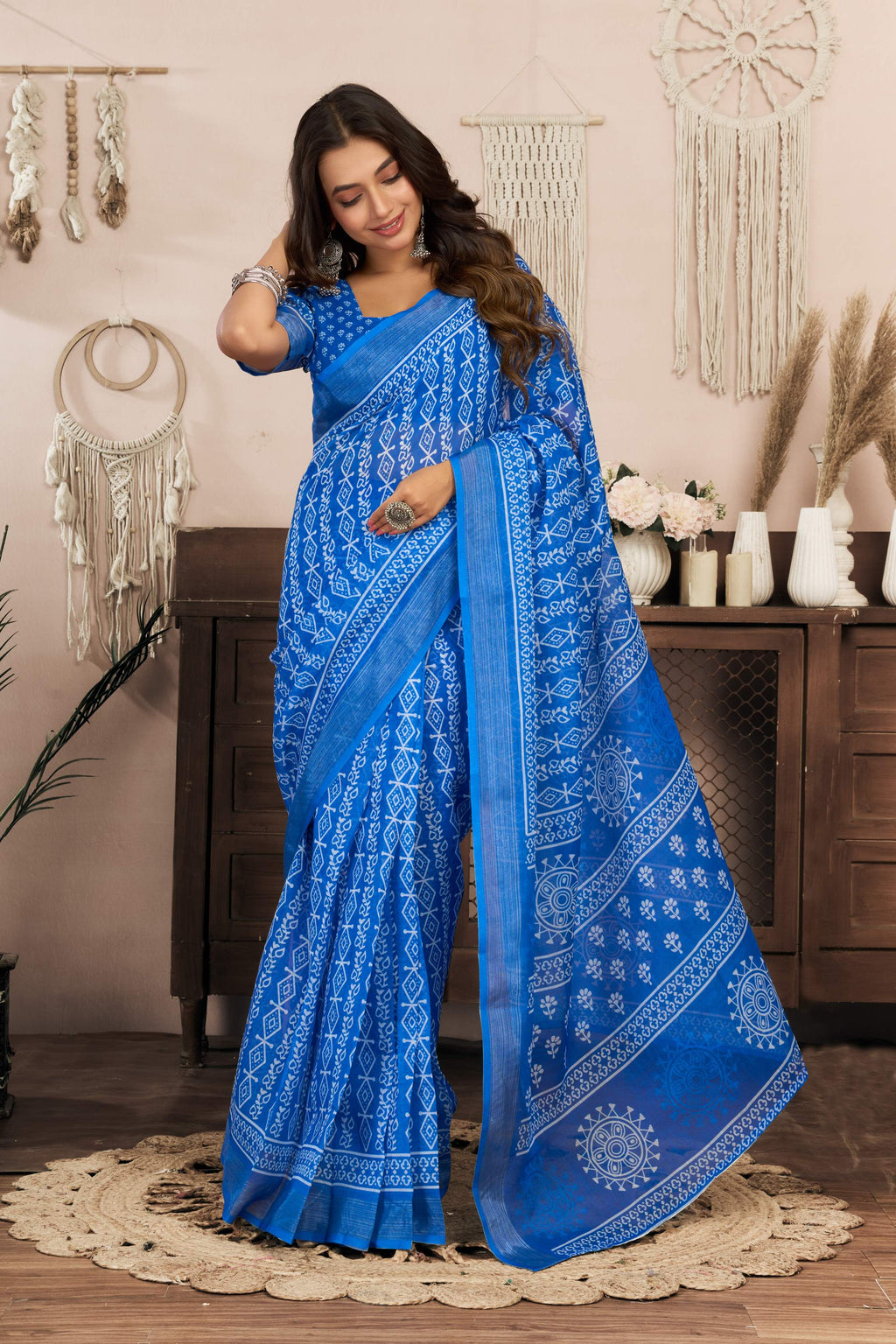 Blue printed linen ready-to-wear saree with matching unstitched blouse