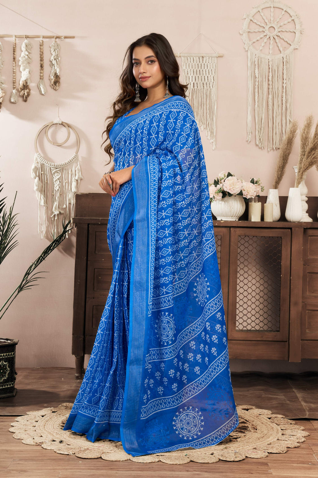 Blue Printed Linen Ready-to-Wear Saree with Unstitched Blouse