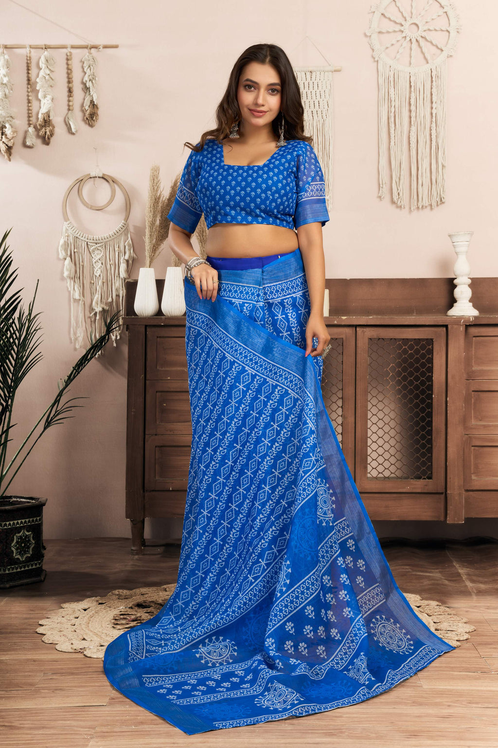 Blue Printed Linen Ready-to-Wear Saree with Unstitched Blouse