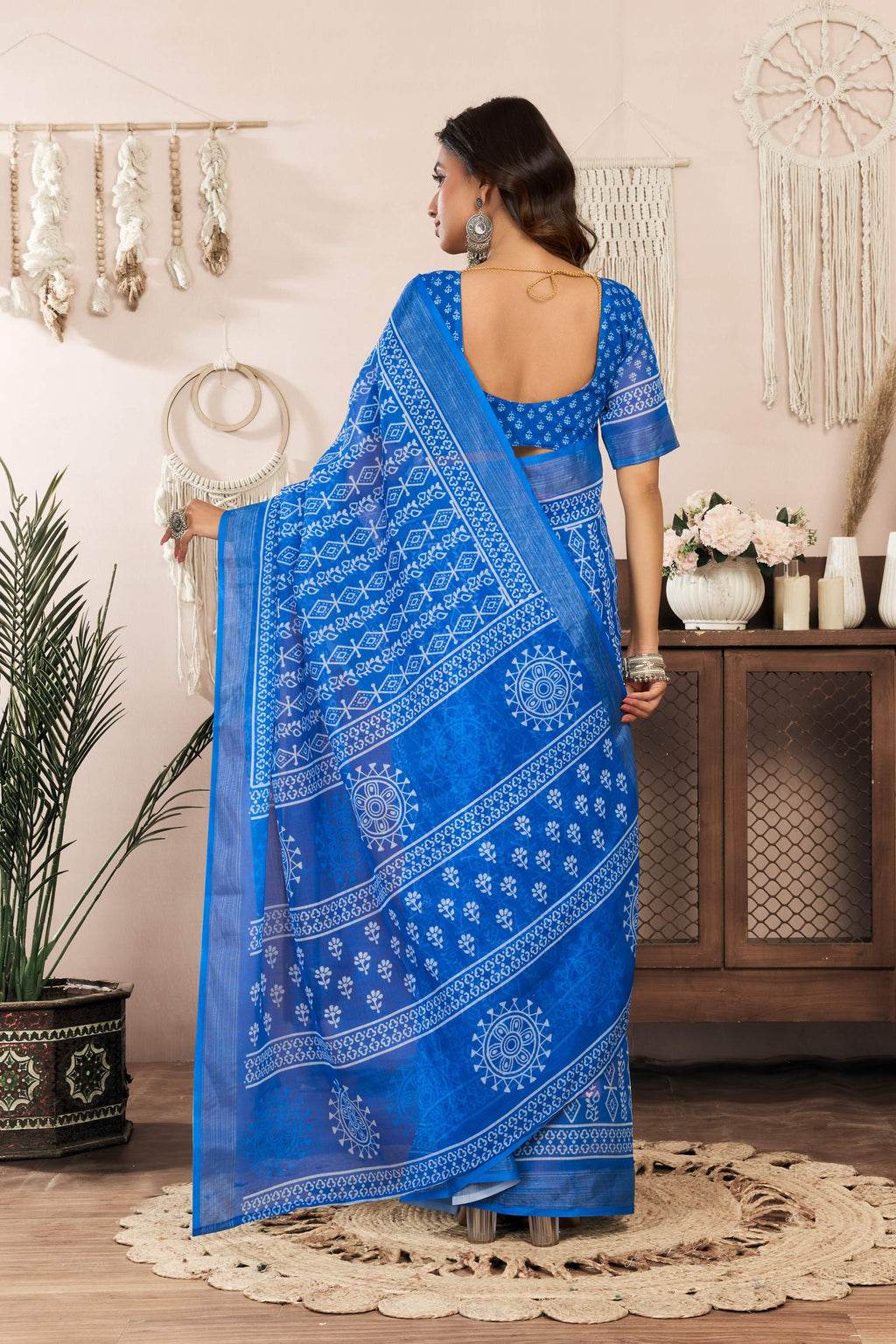 Blue Printed Linen Ready-to-Wear Saree with Unstitched Blouse