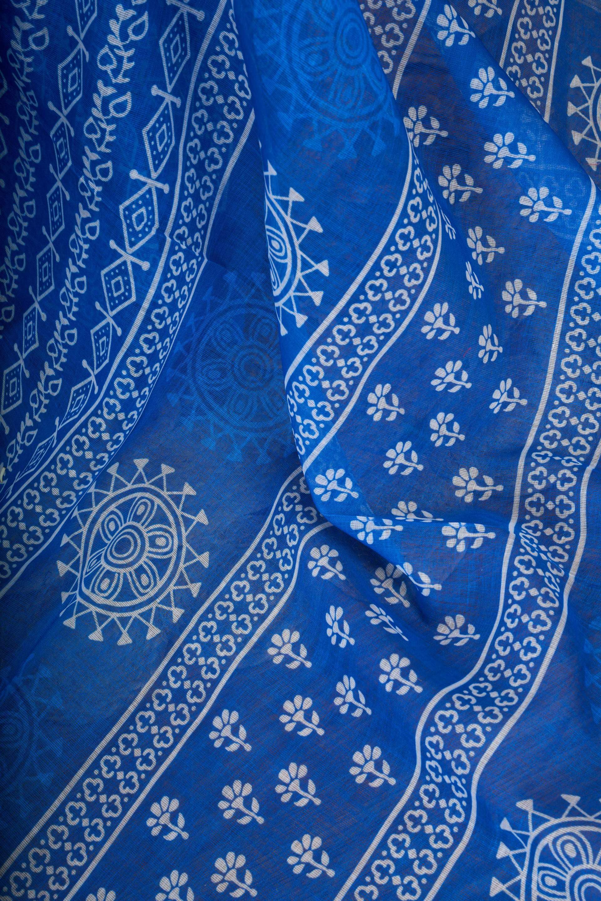Blue Printed Linen Ready-to-Wear Saree with Unstitched Blouse