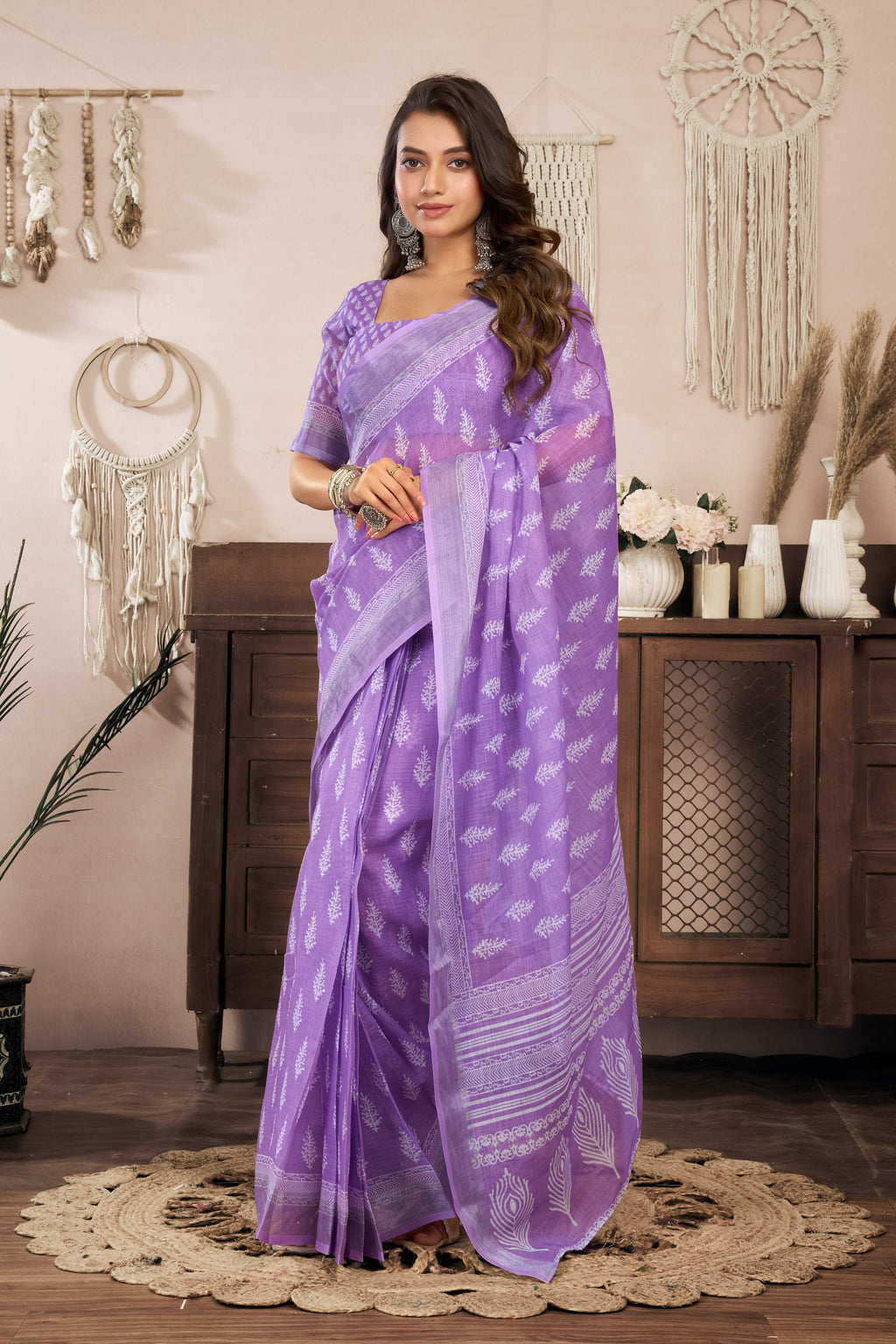 Lavender Printed Ready-to-Wear Saree with Unstitched Blouse