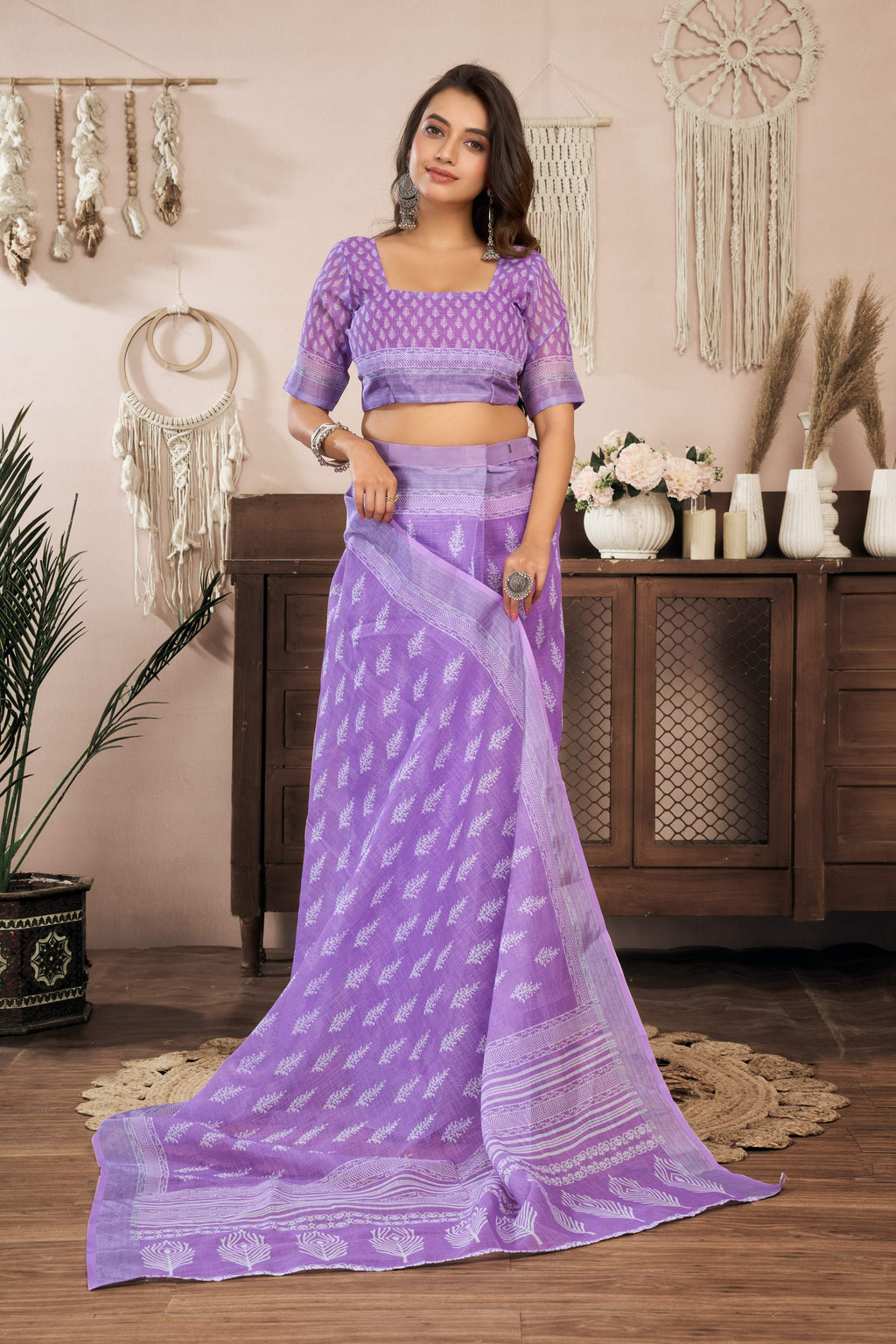 Lavender Printed Ready-to-Wear Saree with Unstitched Blouse