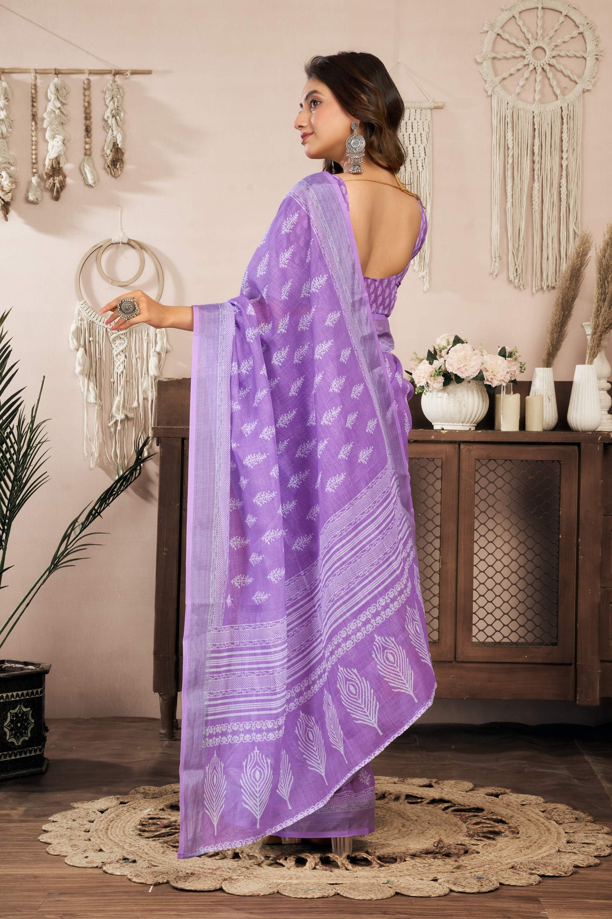 Lavender Printed Ready-to-Wear Saree with Unstitched Blouse