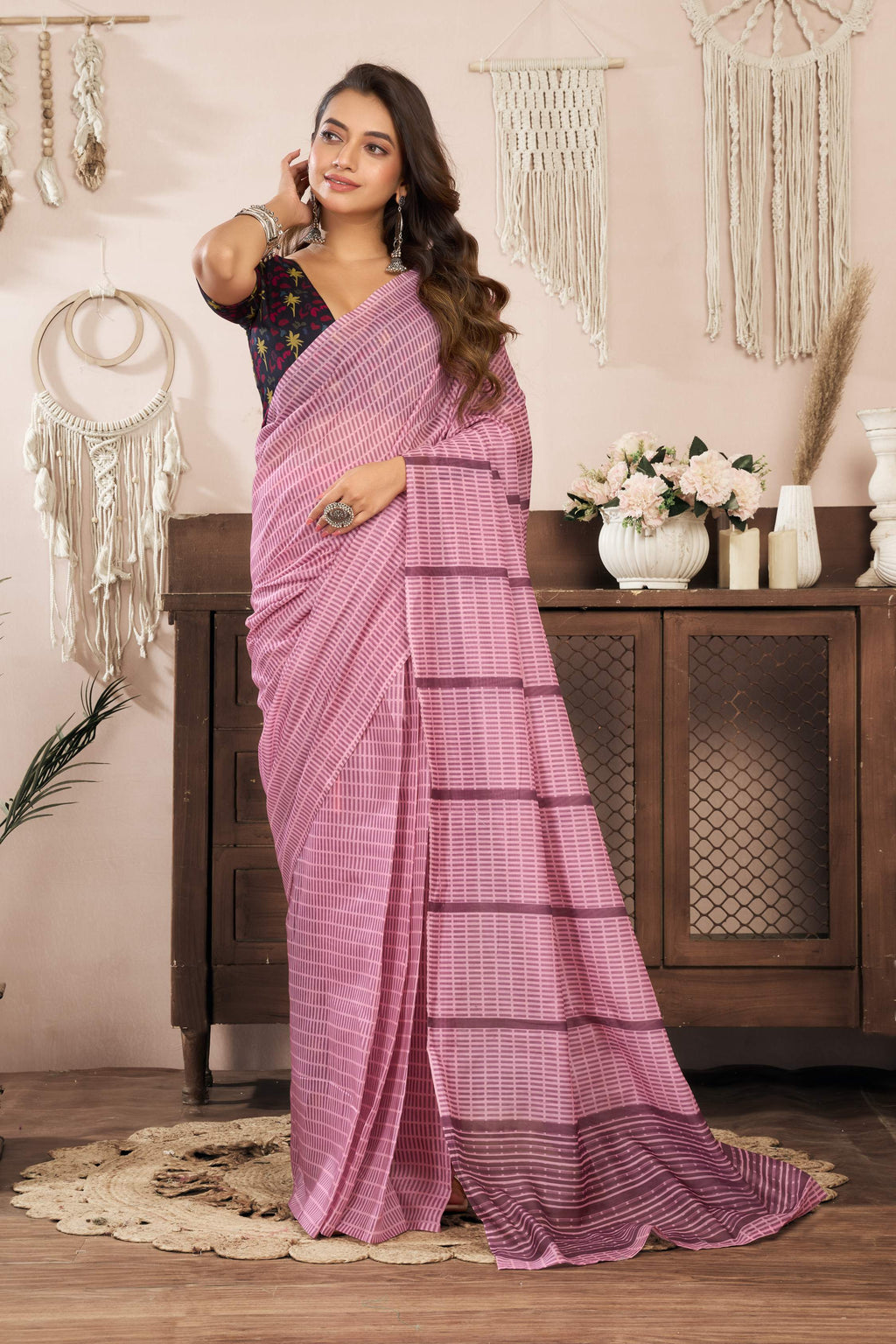 Powder Pink Printed Ready to Wear Linen Saree with Blouse