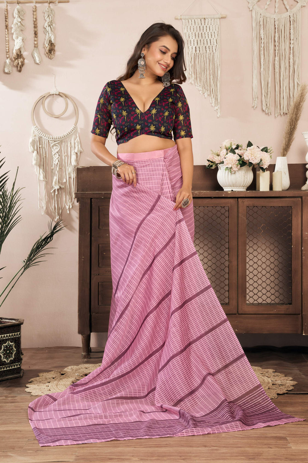 Powder Pink Printed Ready to Wear Linen Saree with Blouse
