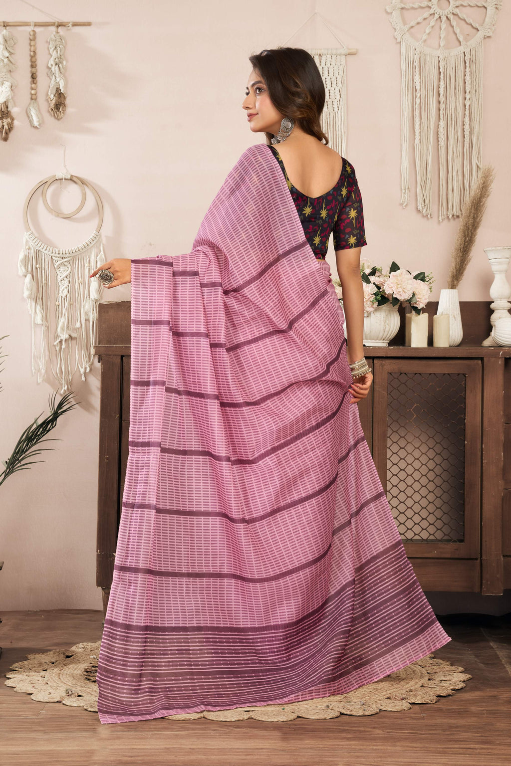 Powder Pink Printed Ready to Wear Linen Saree with Blouse