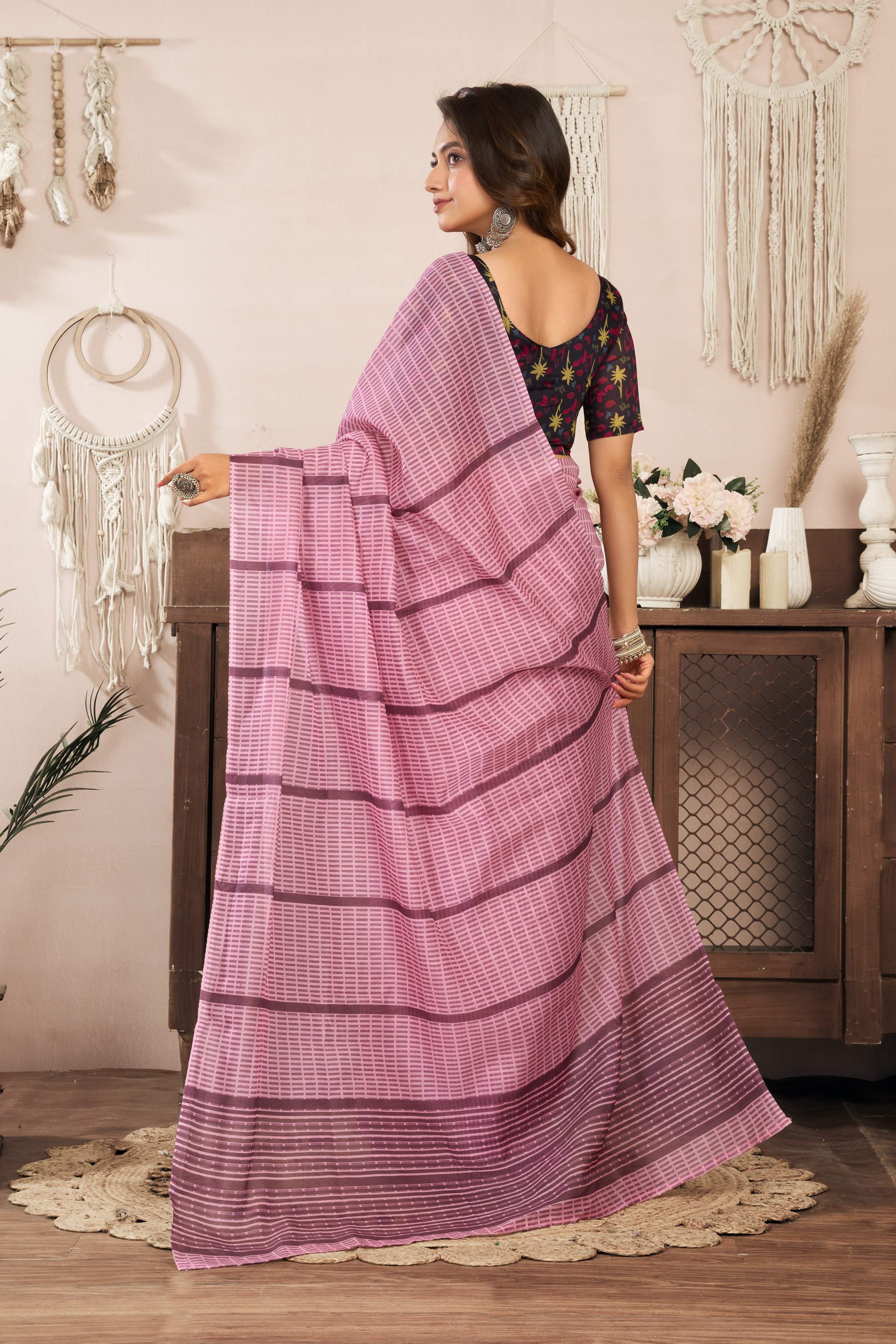 Powder Pink Printed Ready to Wear Linen Saree with Blouse