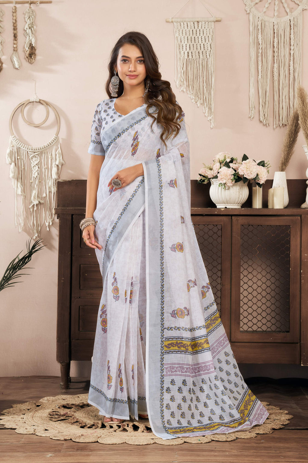 White printed ready-to-wear linen saree with unstitched blouse piece