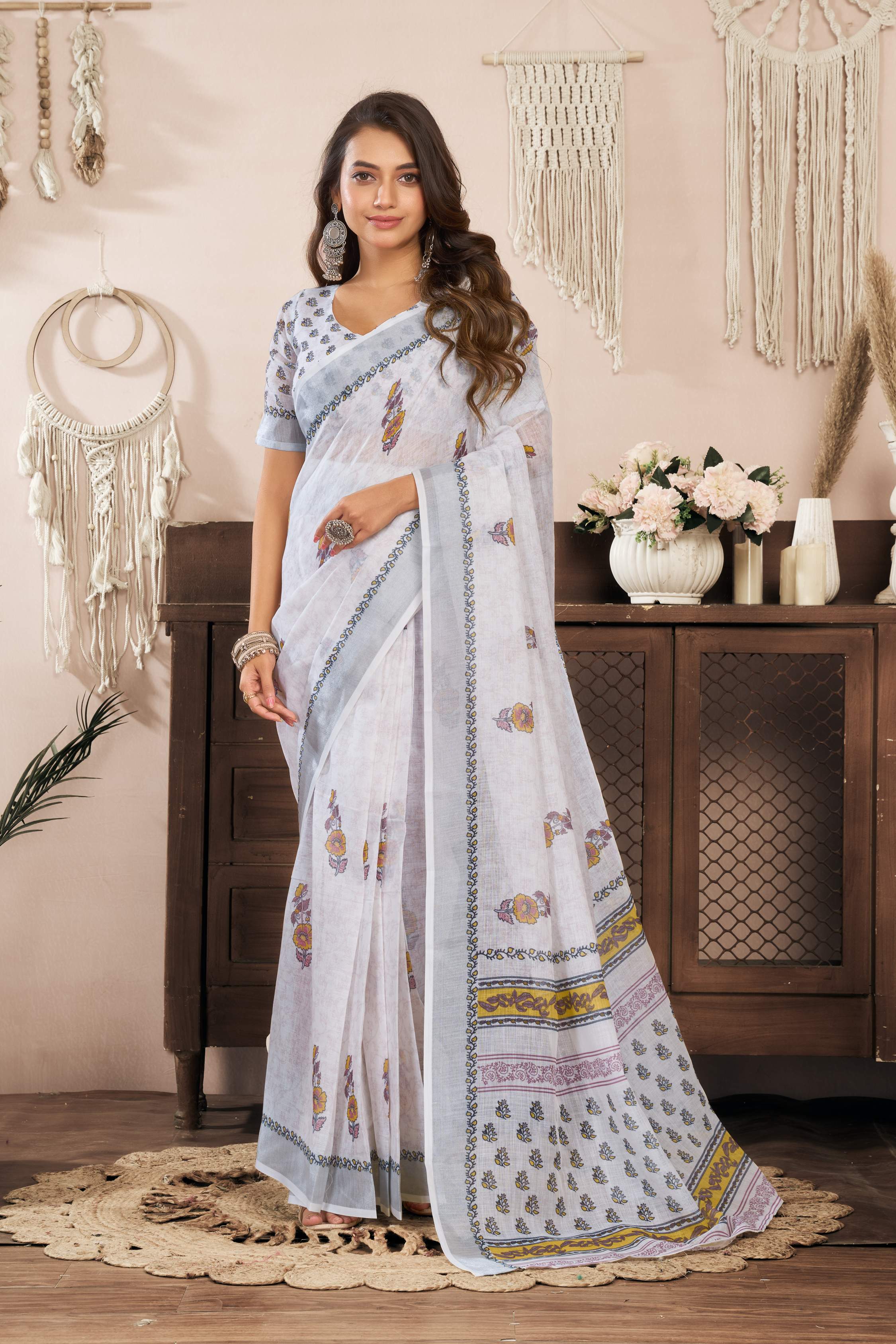 White printed ready-to-wear linen saree with unstitched blouse piece