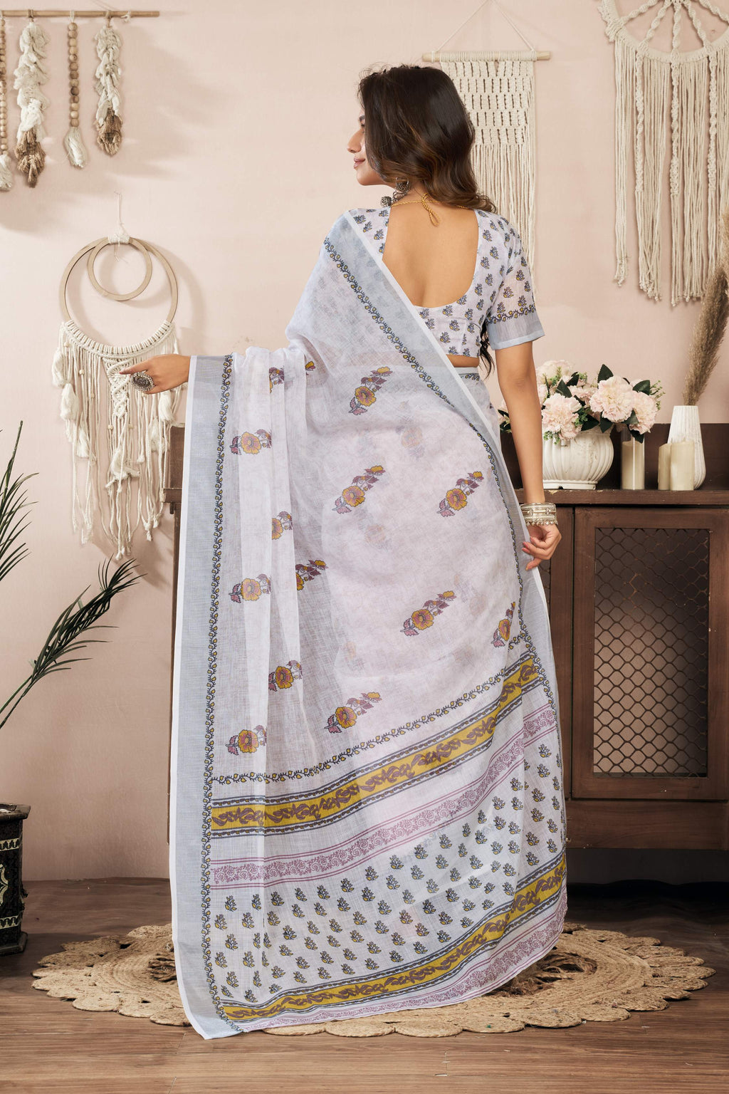 White Printed Ready-to-Wear Saree with Unstitched Blouse Piece