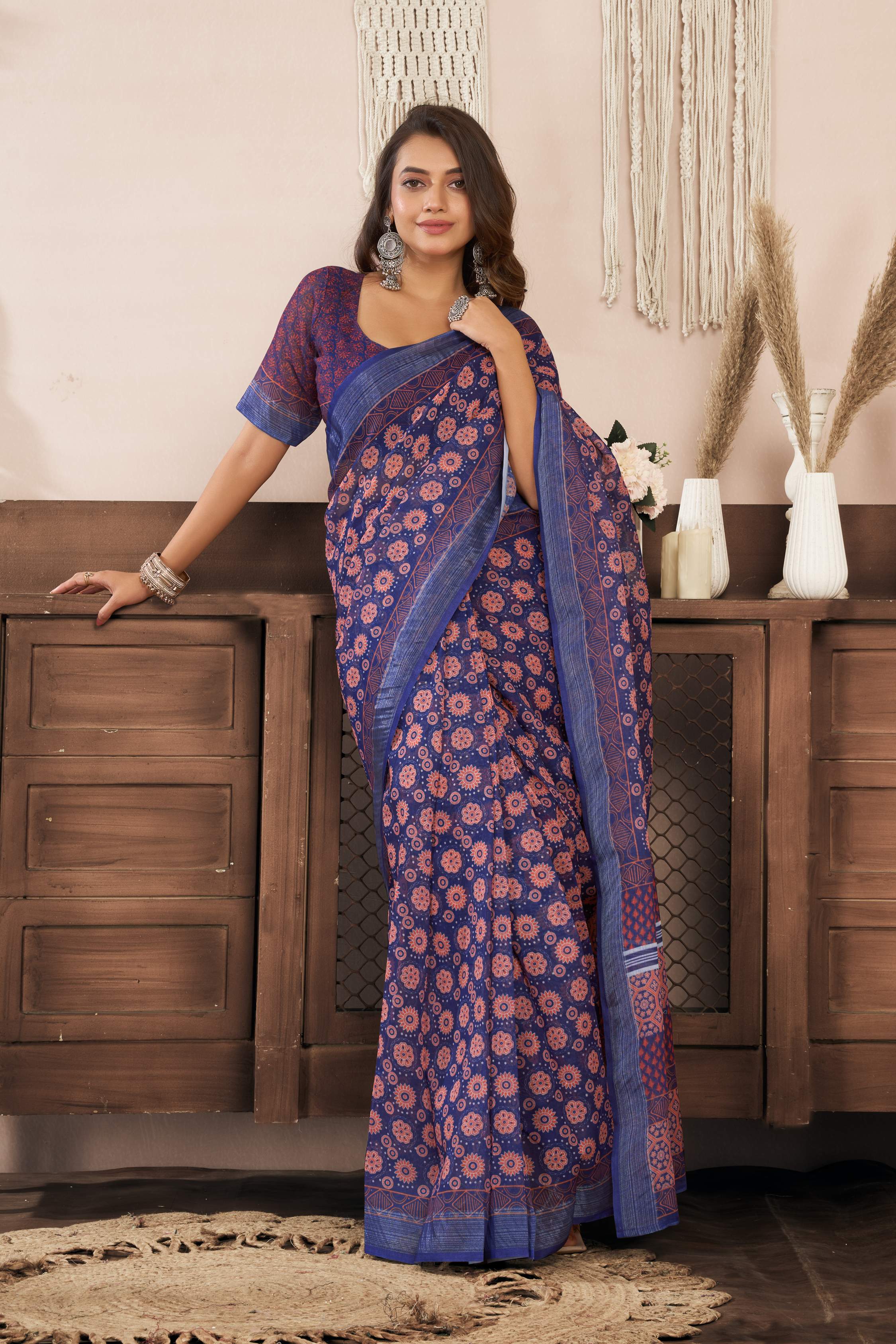 Blue Printed Ready-to-Wear Linen Saree with Unstitched Blouse