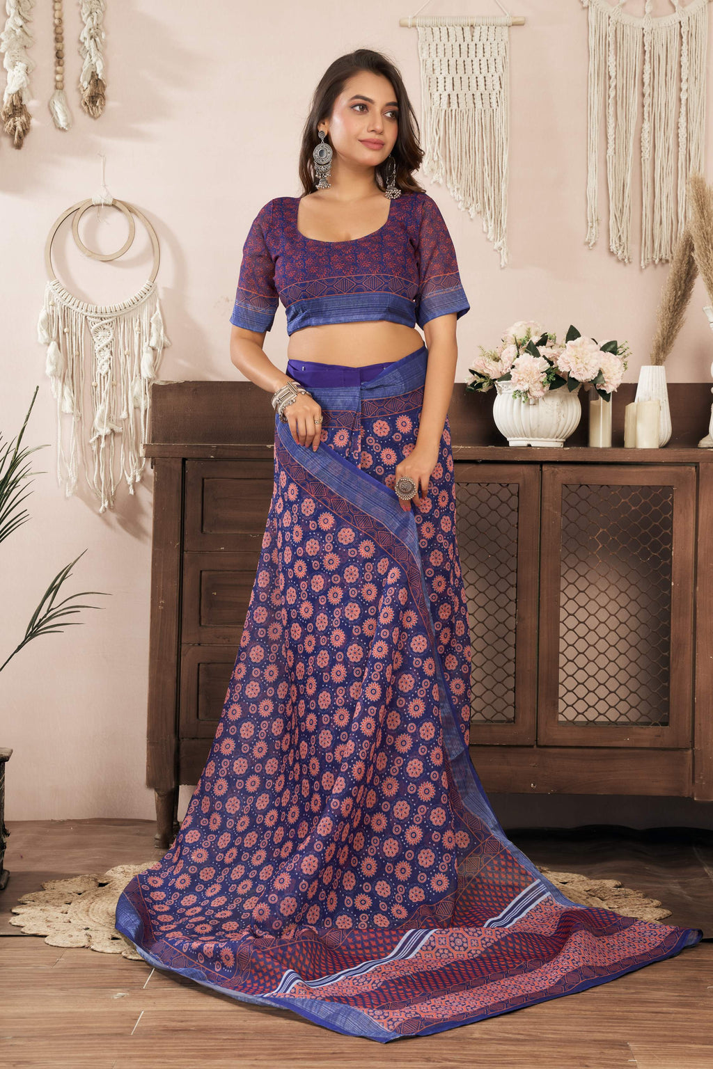 Blue Printed Ready-to-Wear Linen Saree with Unstitched Blouse
