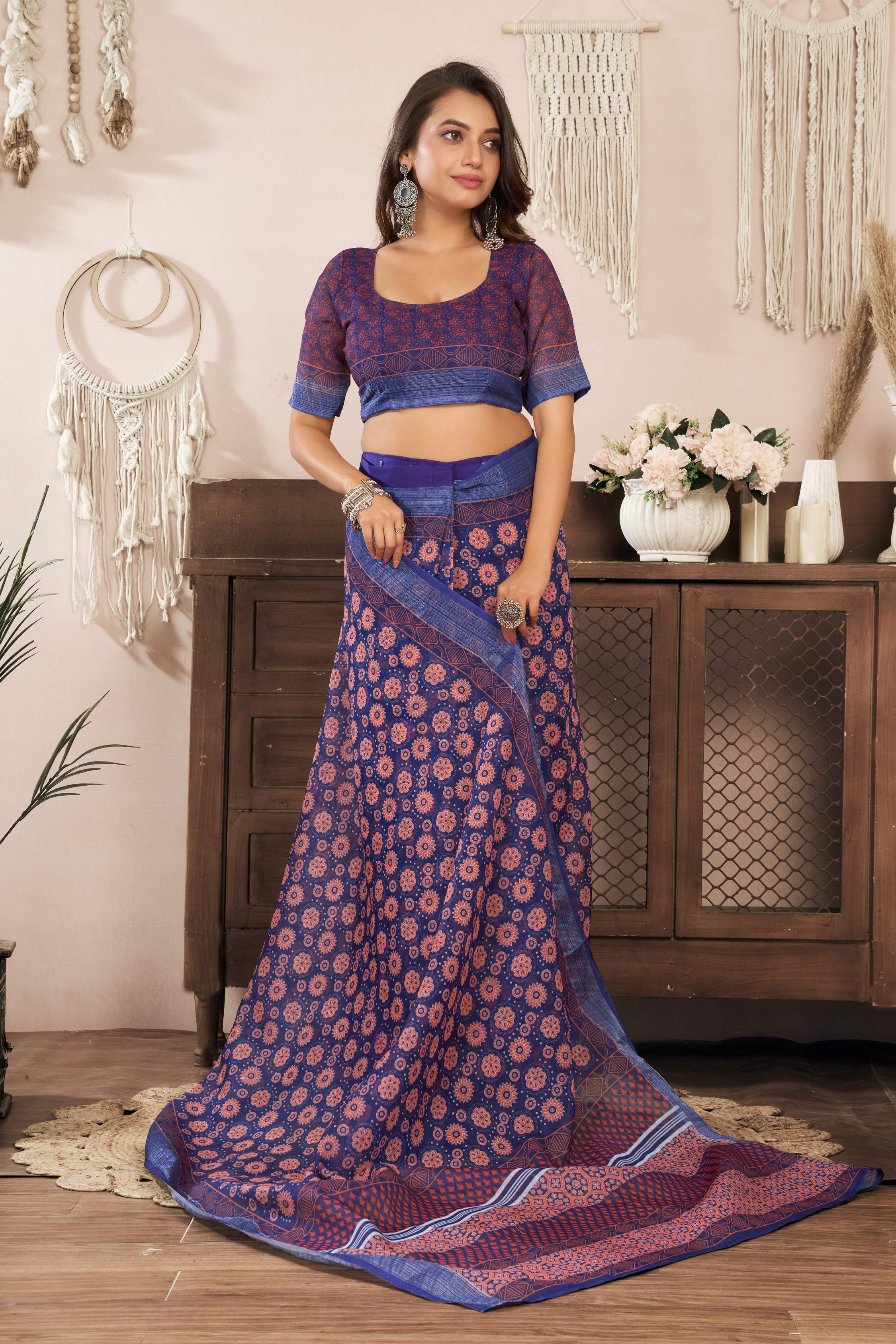 Blue Printed Ready-to-Wear Linen Saree with Unstitched Blouse