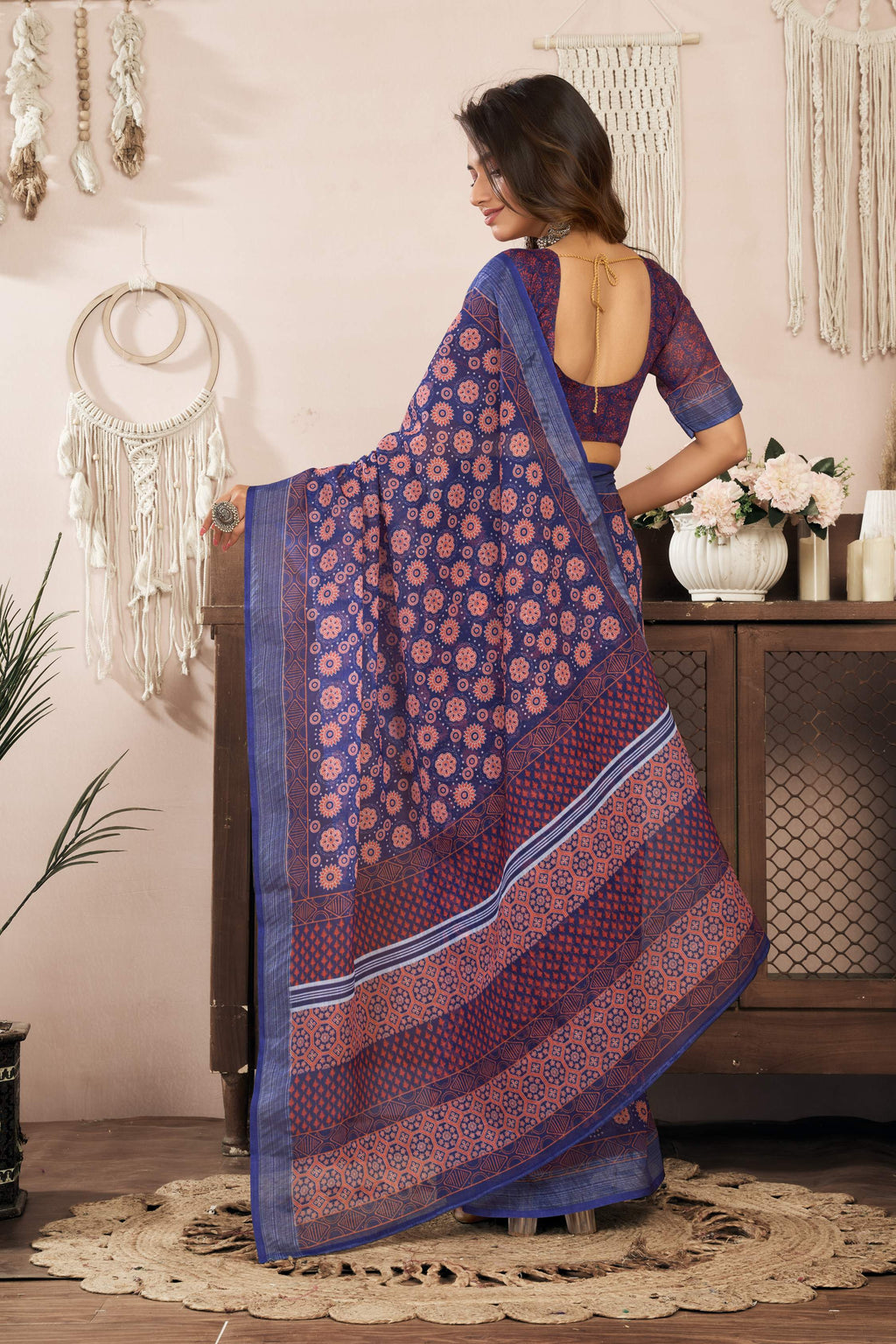 Blue Printed Ready-to-Wear Linen Saree with Unstitched Blouse