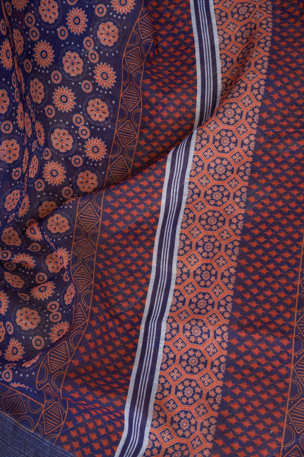 Blue Printed Ready-to-Wear Linen Saree with Unstitched Blouse