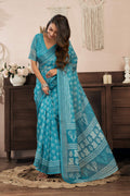 Turquoise Blue Printed Ready-To-Wear Linen Saree with Blouse