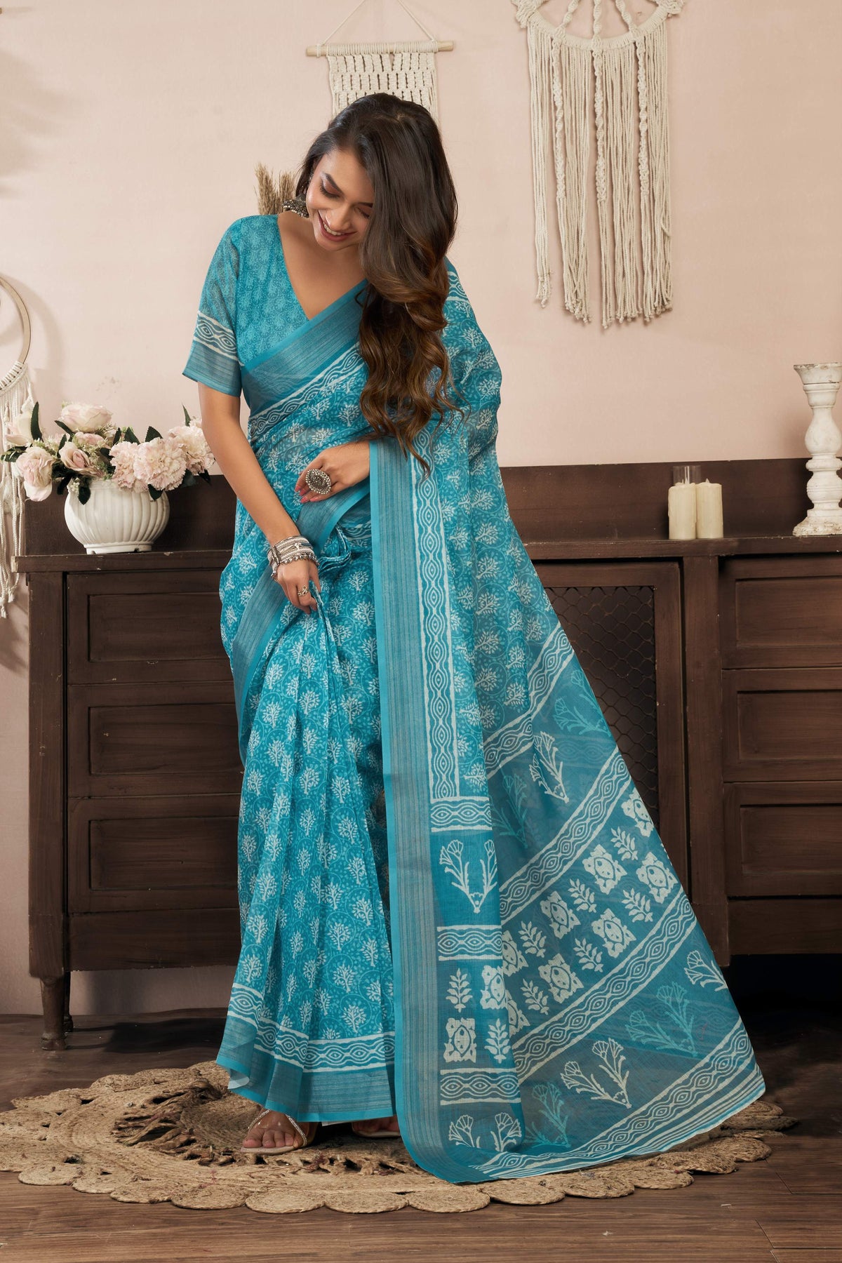 Turquoise Blue Printed Ready-To-Wear Linen Saree with Blouse