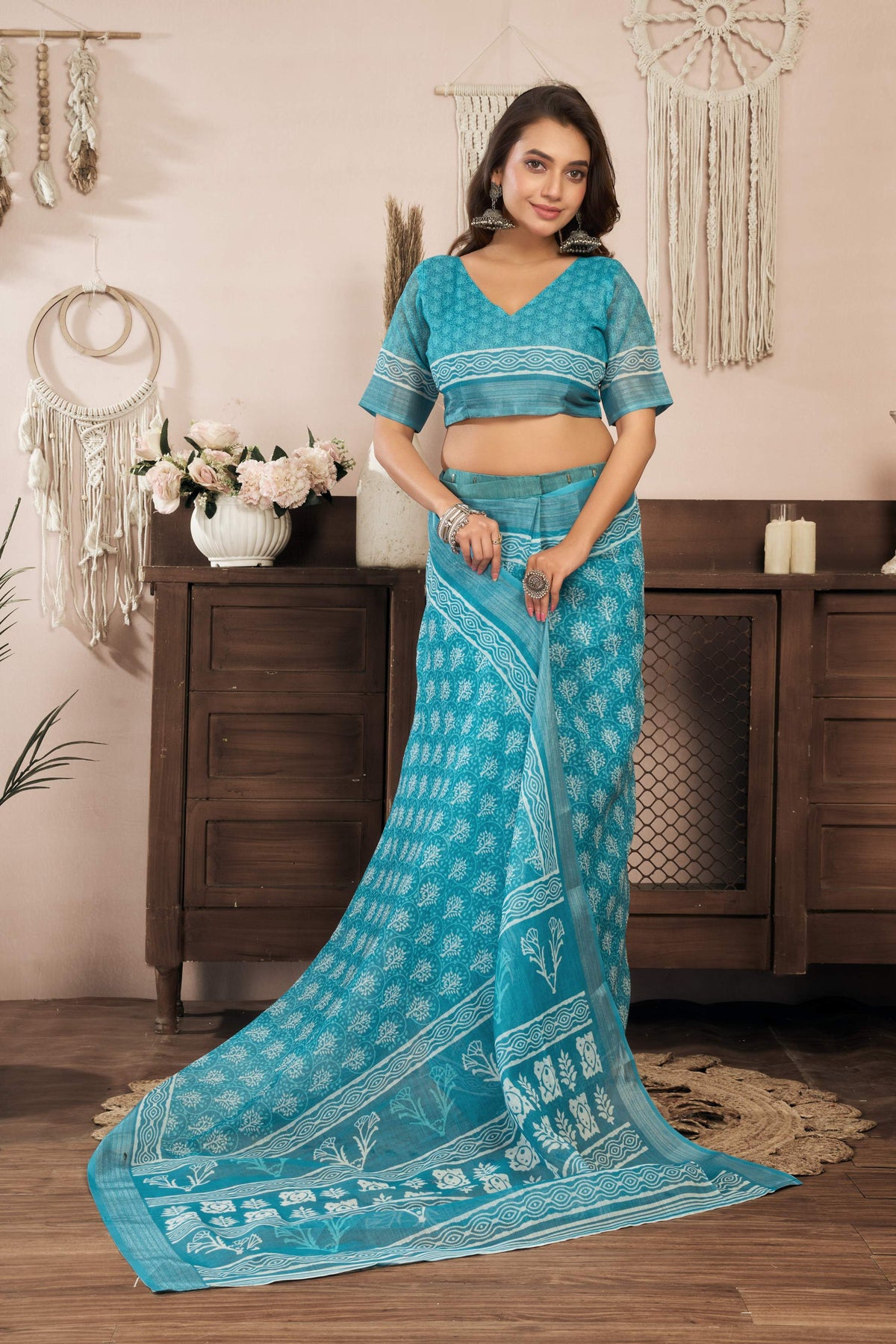 Turquoise Blue Printed Ready-To-Wear Linen Saree with Blouse