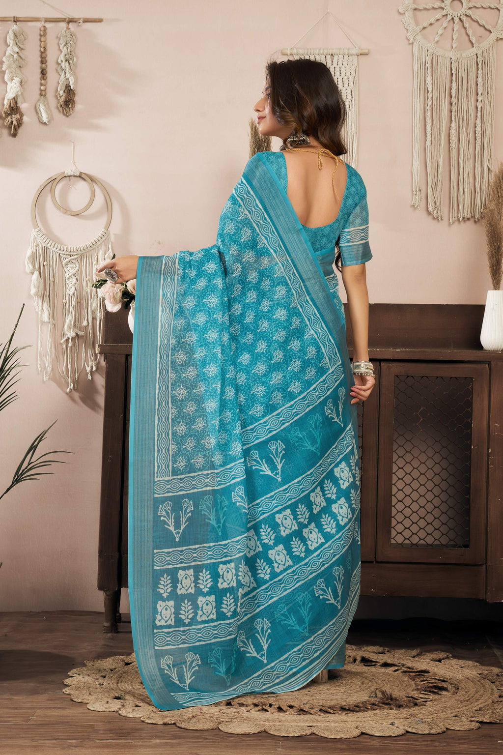 Turquoise Blue Printed Ready-To-Wear Linen Saree with Blouse