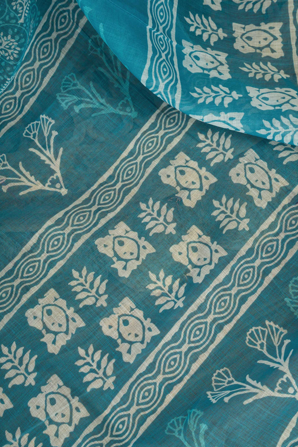 Turquoise Blue Printed Ready-To-Wear Linen Saree with Blouse