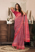 Ready to wear red printed linen saree with unstitched blouse piece
