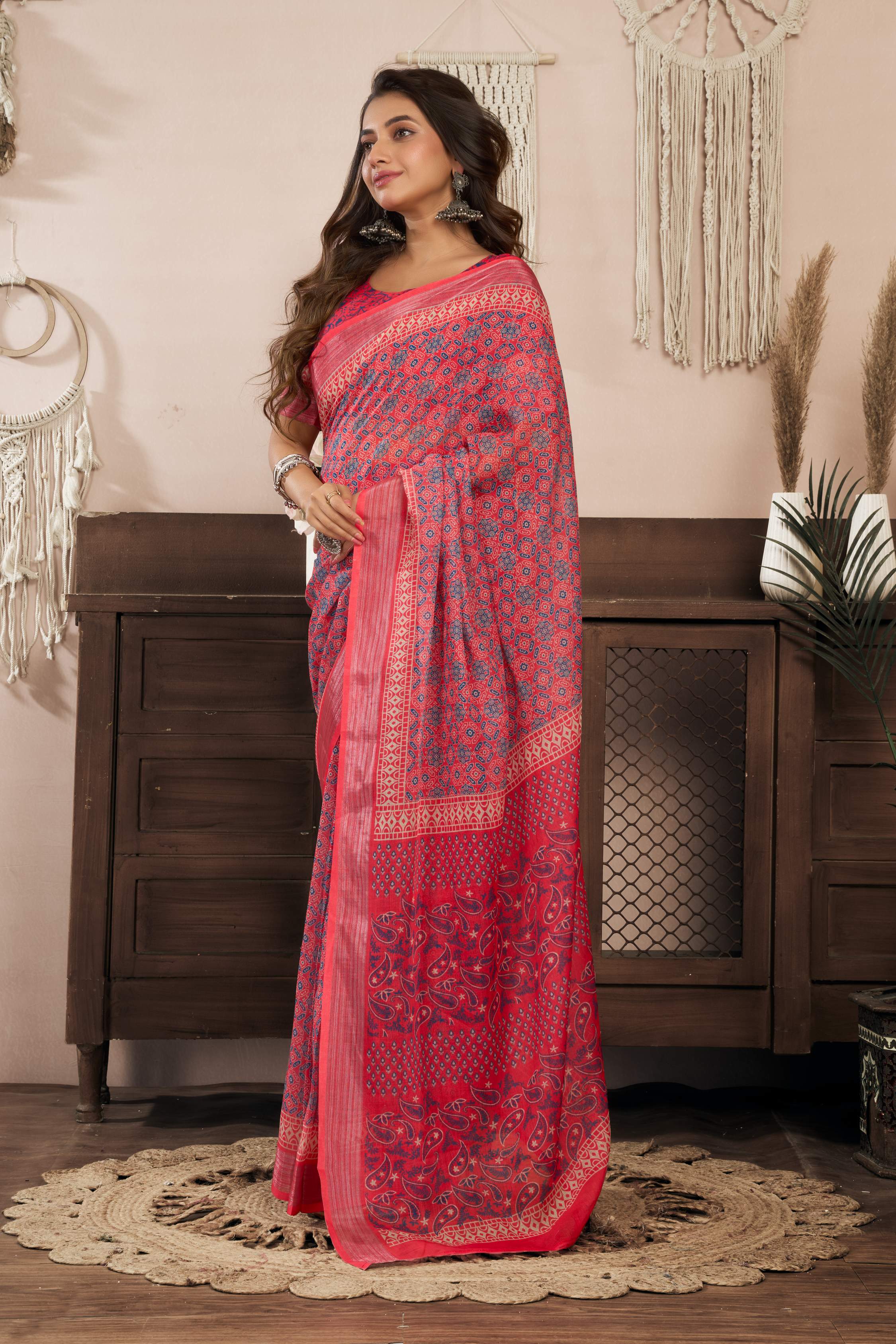 Red Printed Linen Ready To Wear Saree with Unstitched Blouse