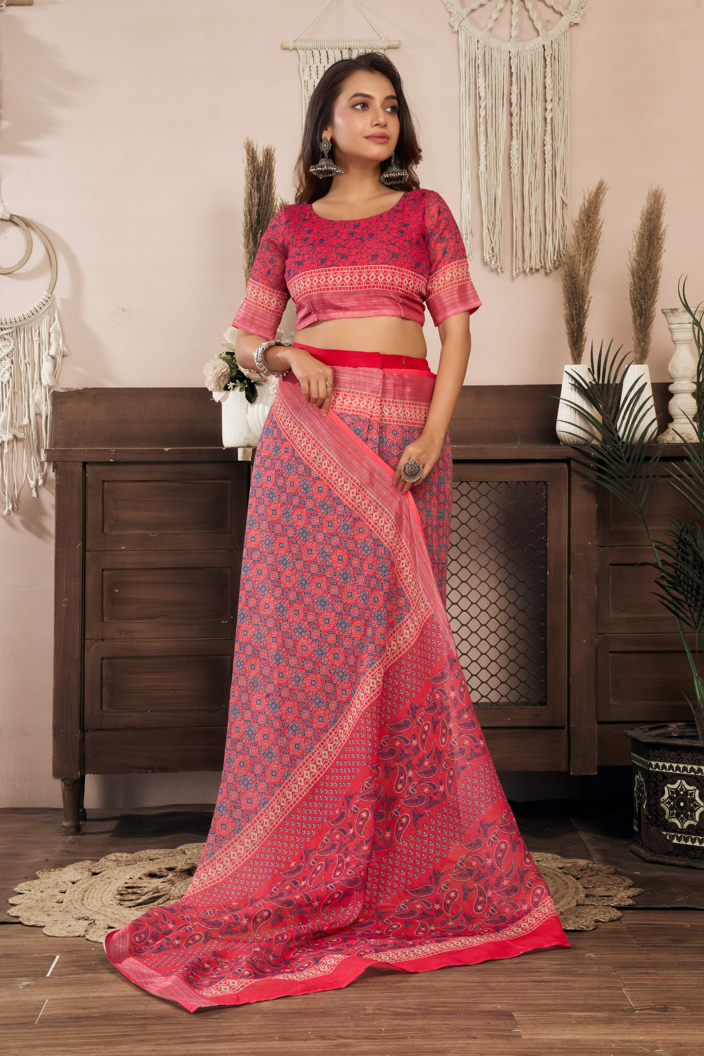 Red Printed Linen Ready To Wear Saree with Unstitched Blouse