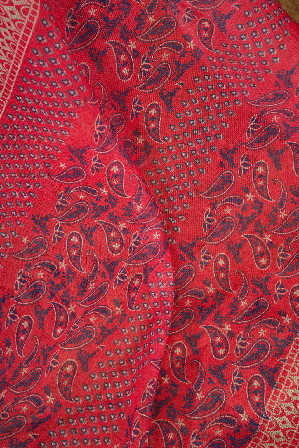 Red Printed Linen Ready To Wear Saree with Unstitched Blouse