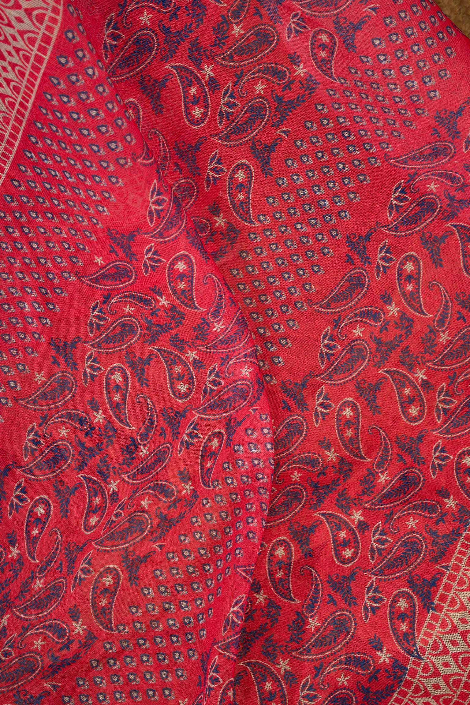 Red Printed Linen Ready To Wear Saree with Unstitched Blouse