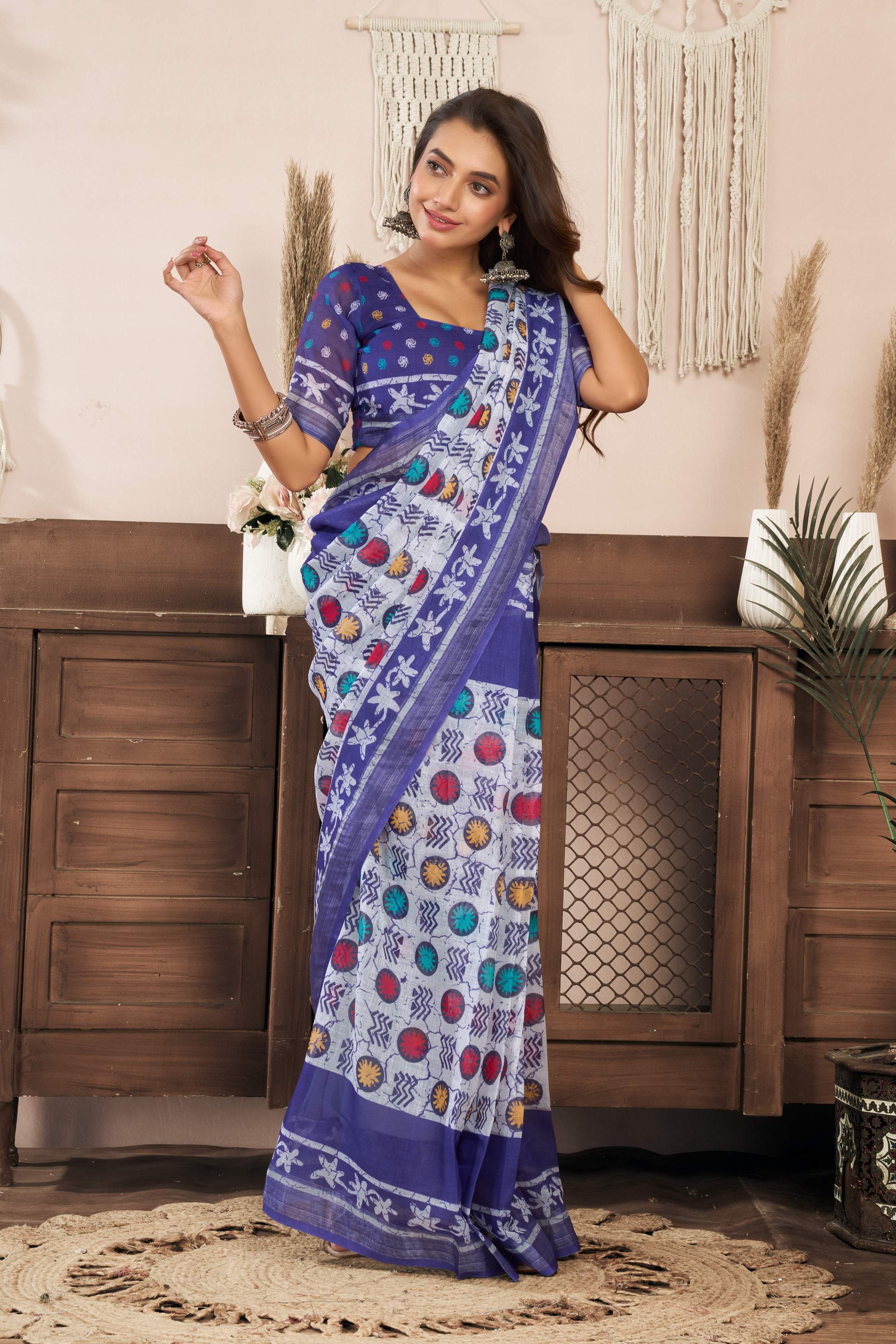 Blue Printed Linen Ready To Wear Saree with Unstitched Blouse