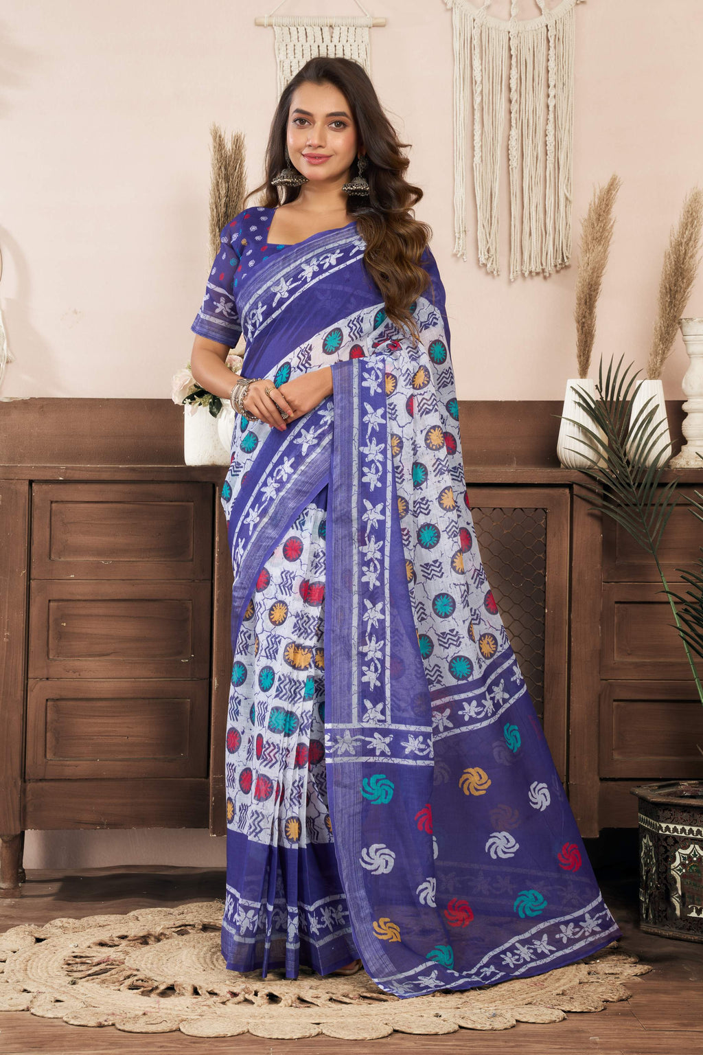 Blue printed linen pre-stitched saree with matching unstitched blouse