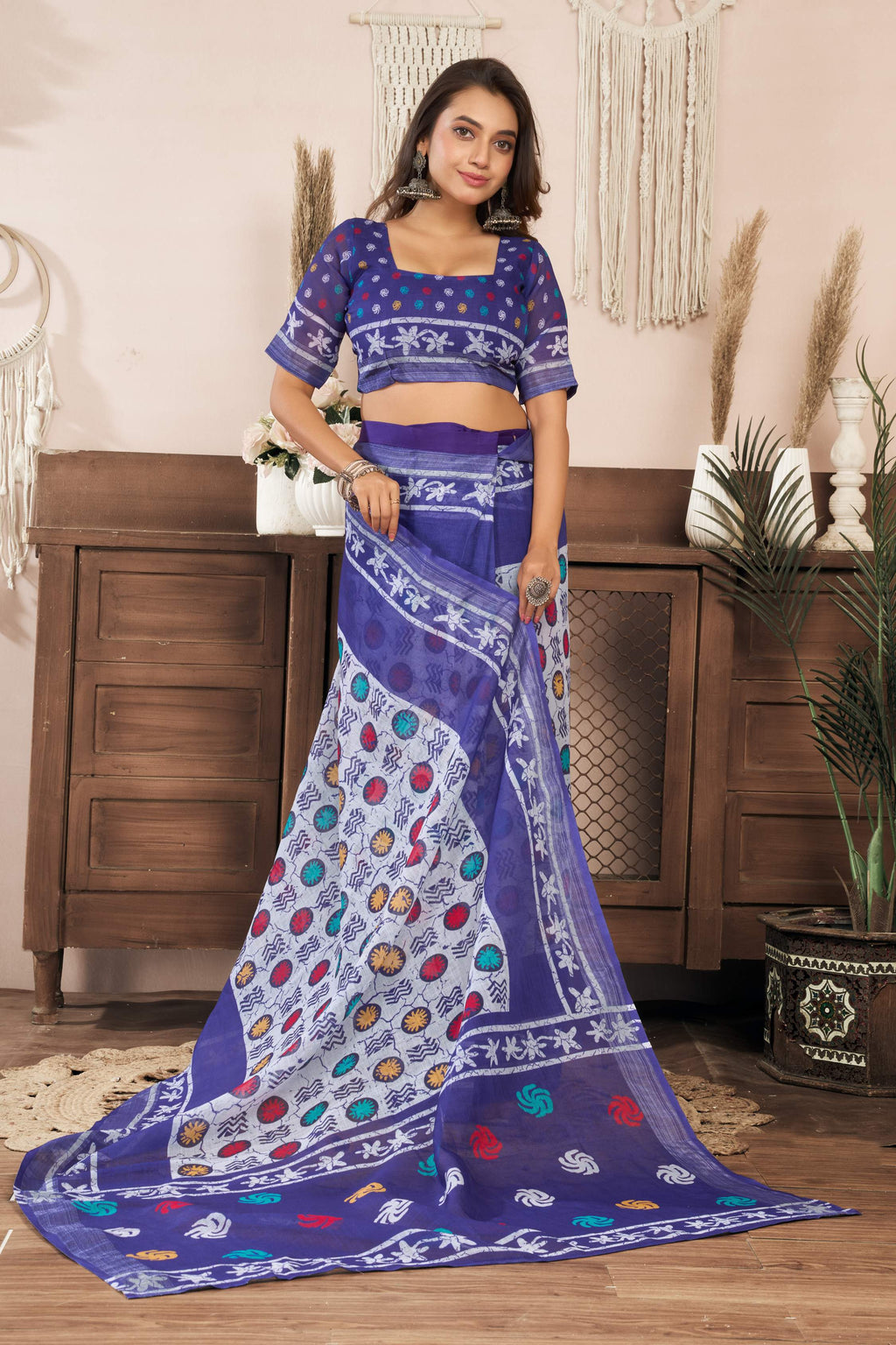 Blue Printed Linen Ready To Wear Saree with Unstitched Blouse
