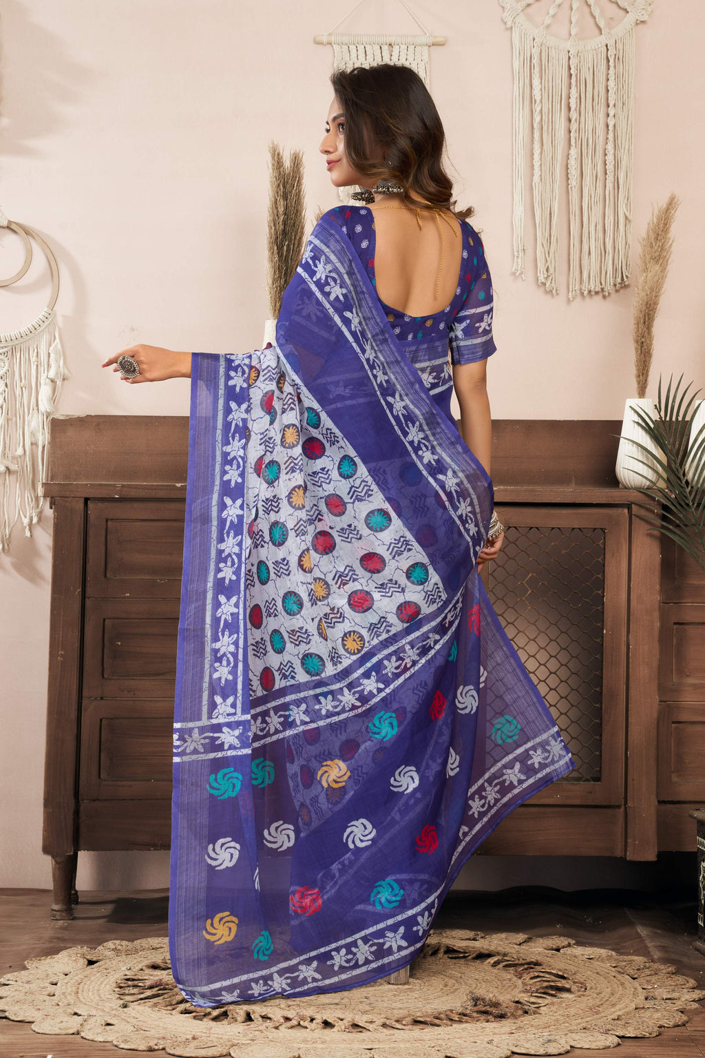 Blue Printed Linen Ready To Wear Saree with Unstitched Blouse