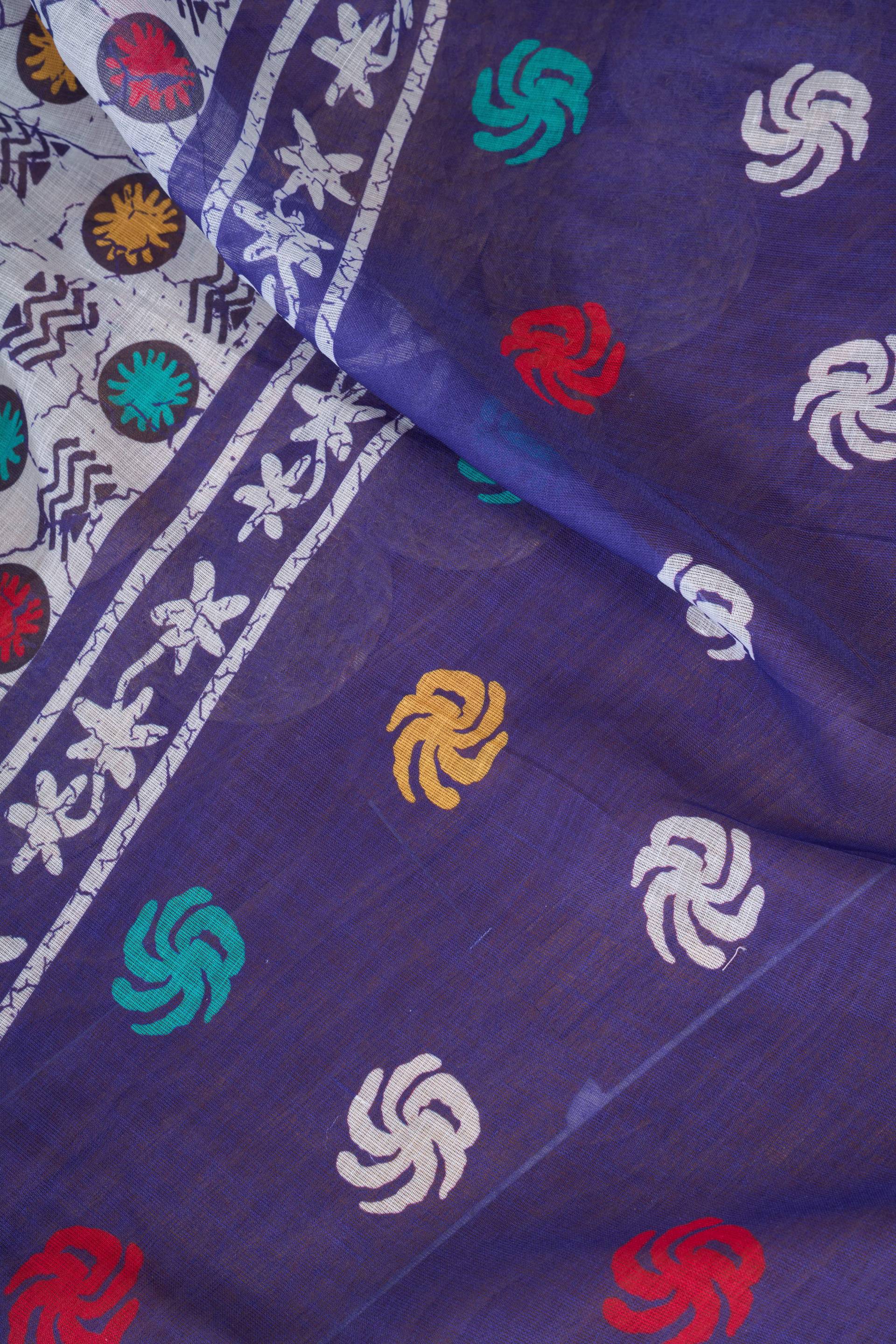 Blue Printed Linen Ready To Wear Saree with Unstitched Blouse
