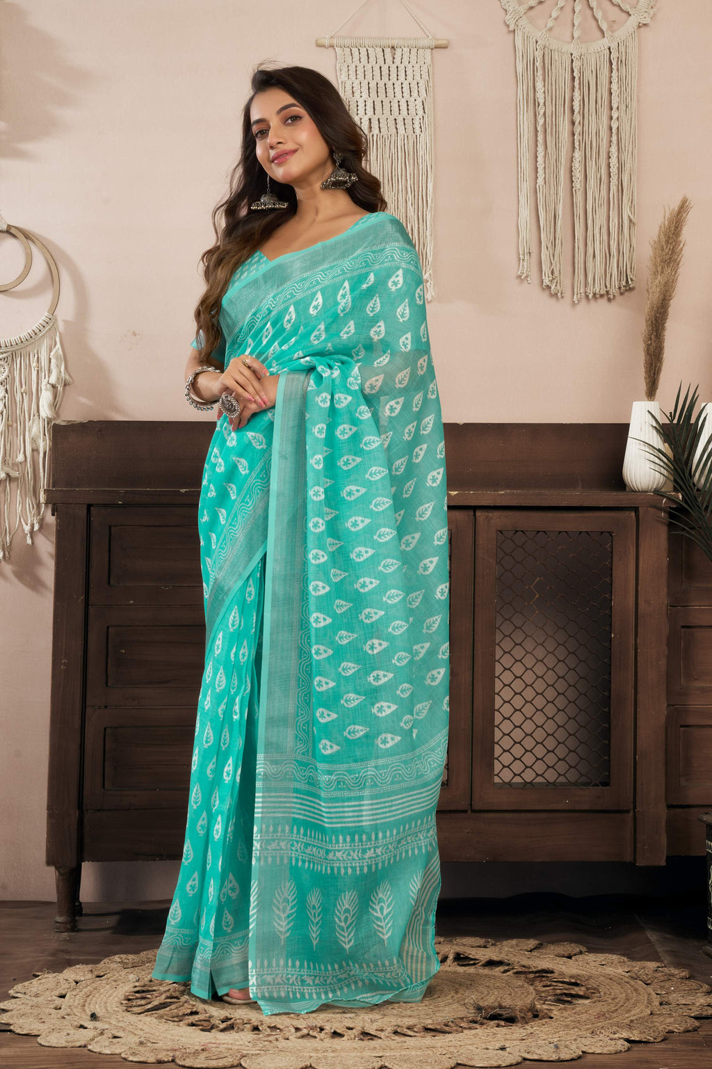 Turquoise blue printed linen ready-to-wear saree with unstitched blouse