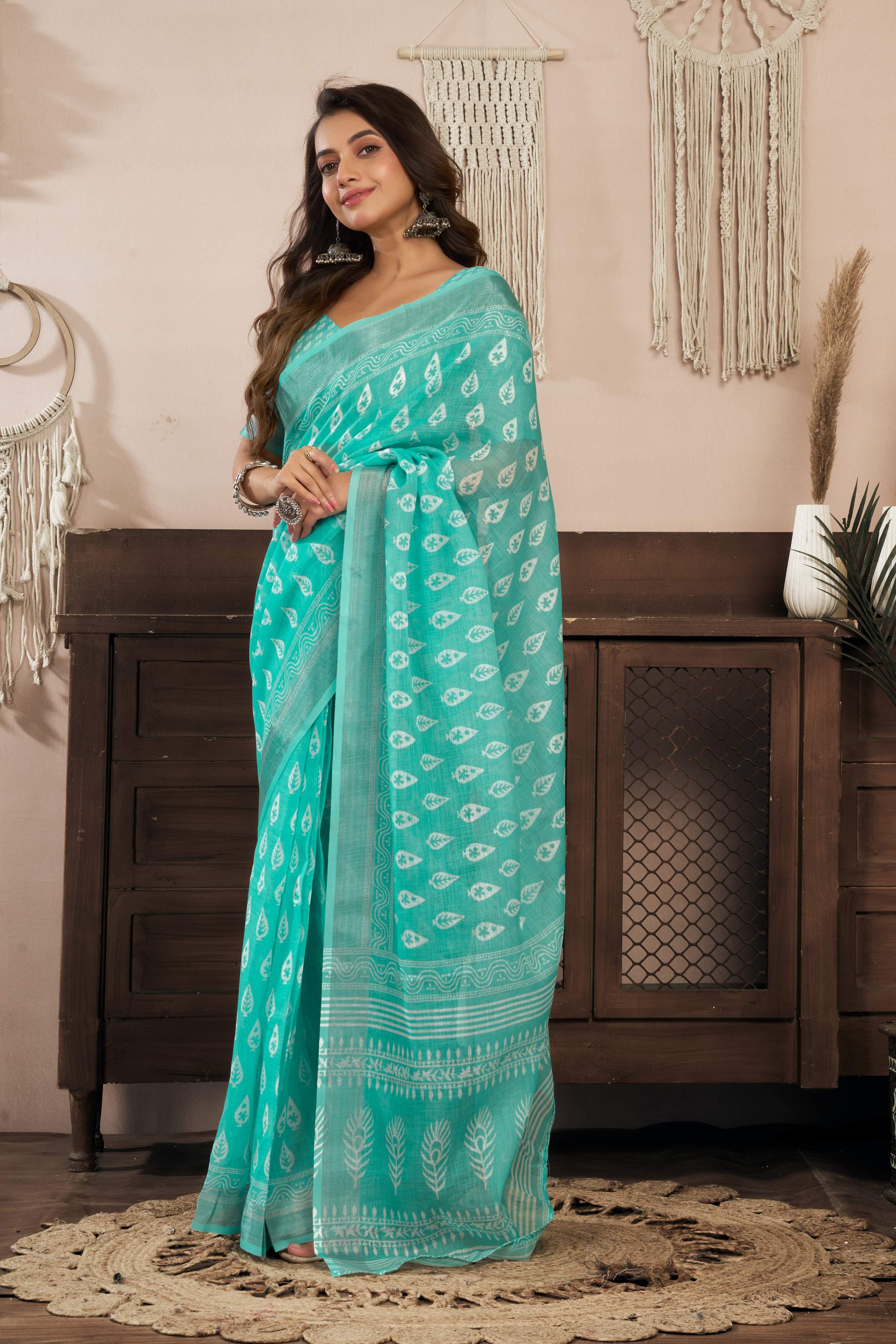 Turquoise blue printed linen ready-to-wear saree with unstitched blouse