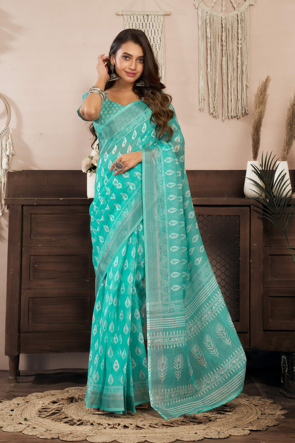 Turquoise Blue Printed Linen Ready To Wear Saree with Blouse