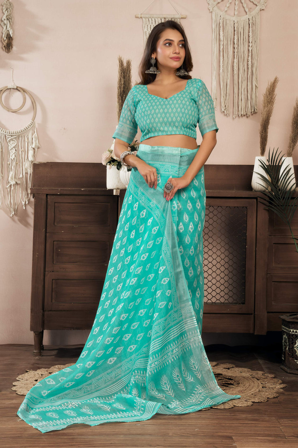 Turquoise Blue Printed Linen Ready To Wear Saree with Blouse