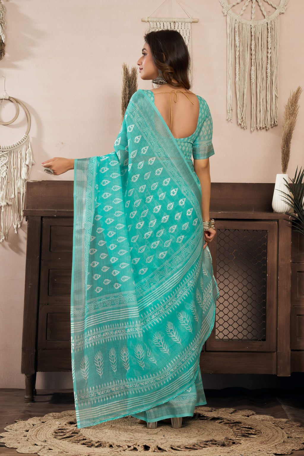 Turquoise Blue Printed Linen Ready To Wear Saree with Blouse