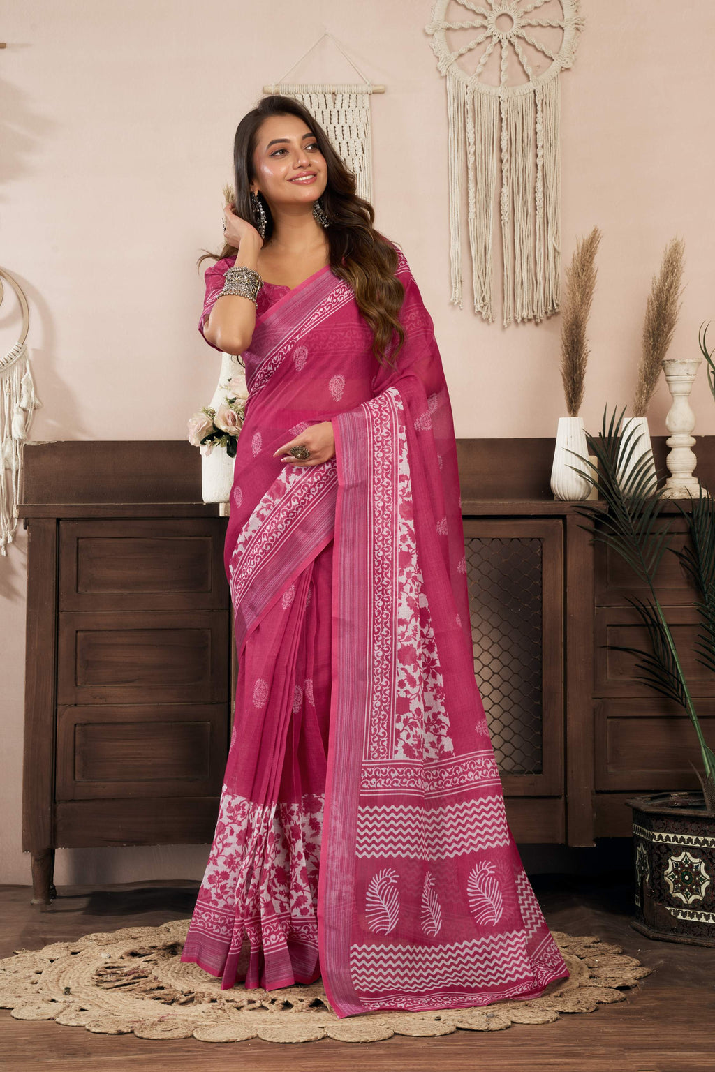 Pink printed linen ready-to-wear saree with matching unstitched blouse