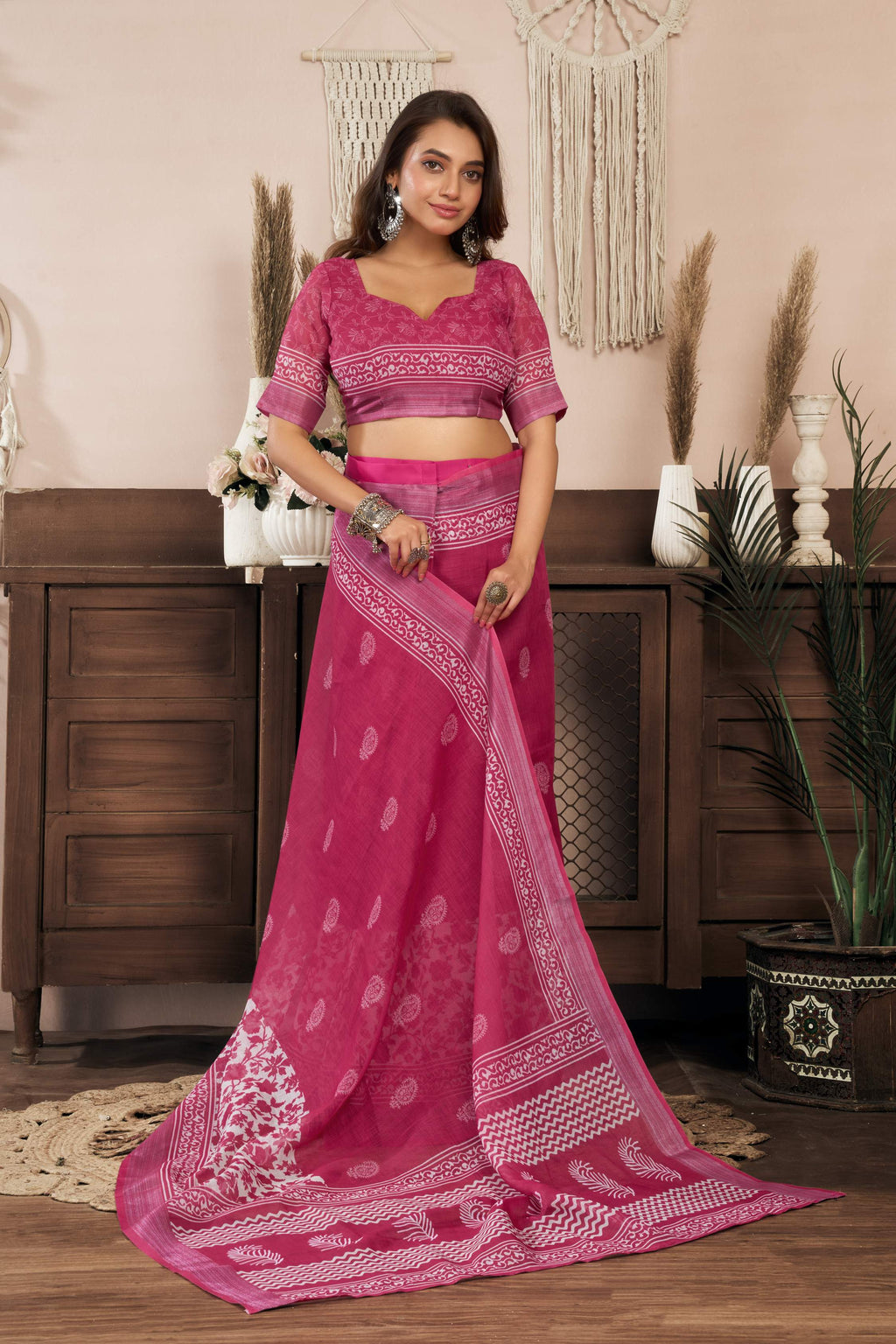 Pink Printed Linen Ready To Wear Party Saree