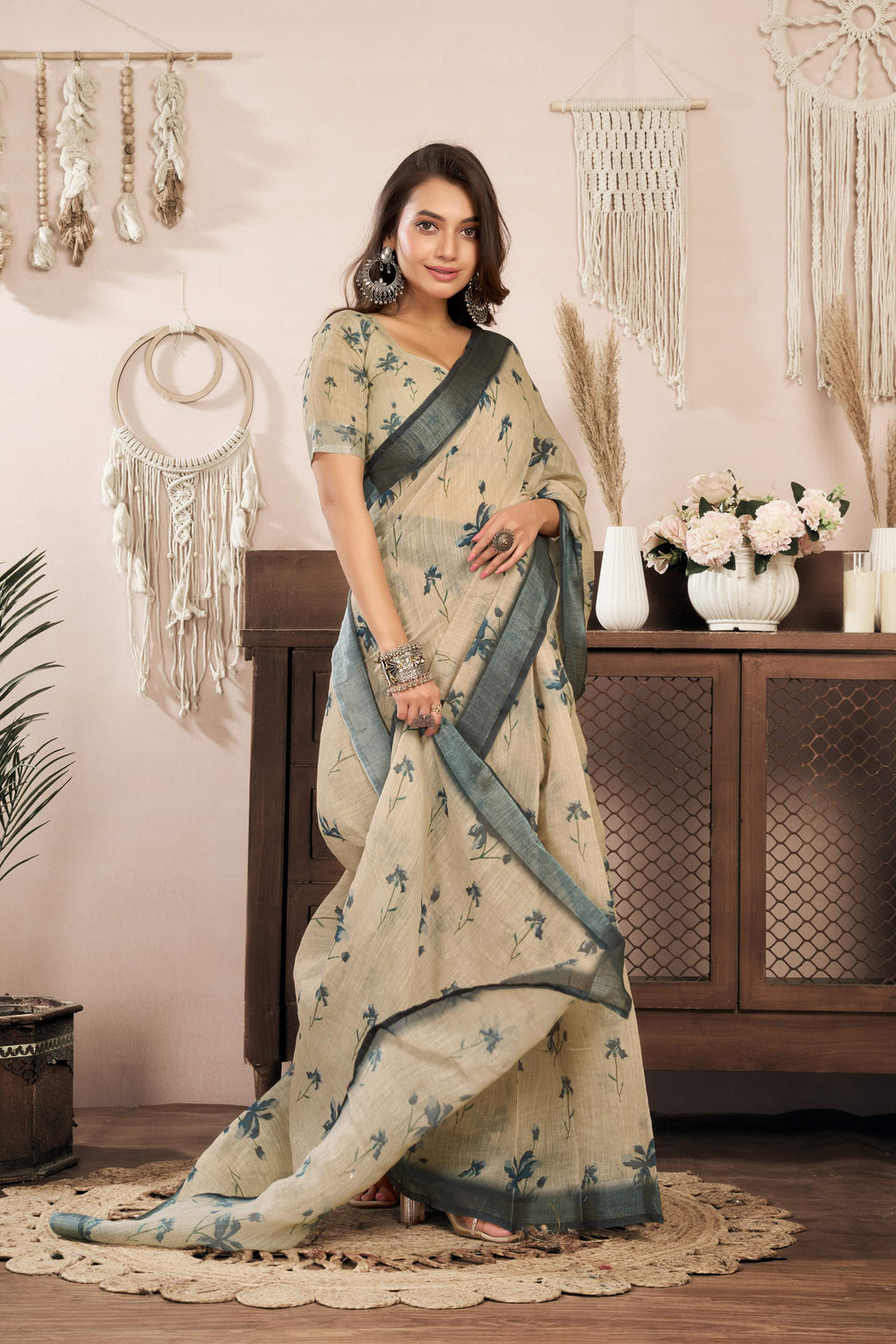 Off-white printed linen ready-to-wear saree with unstitched blouse
