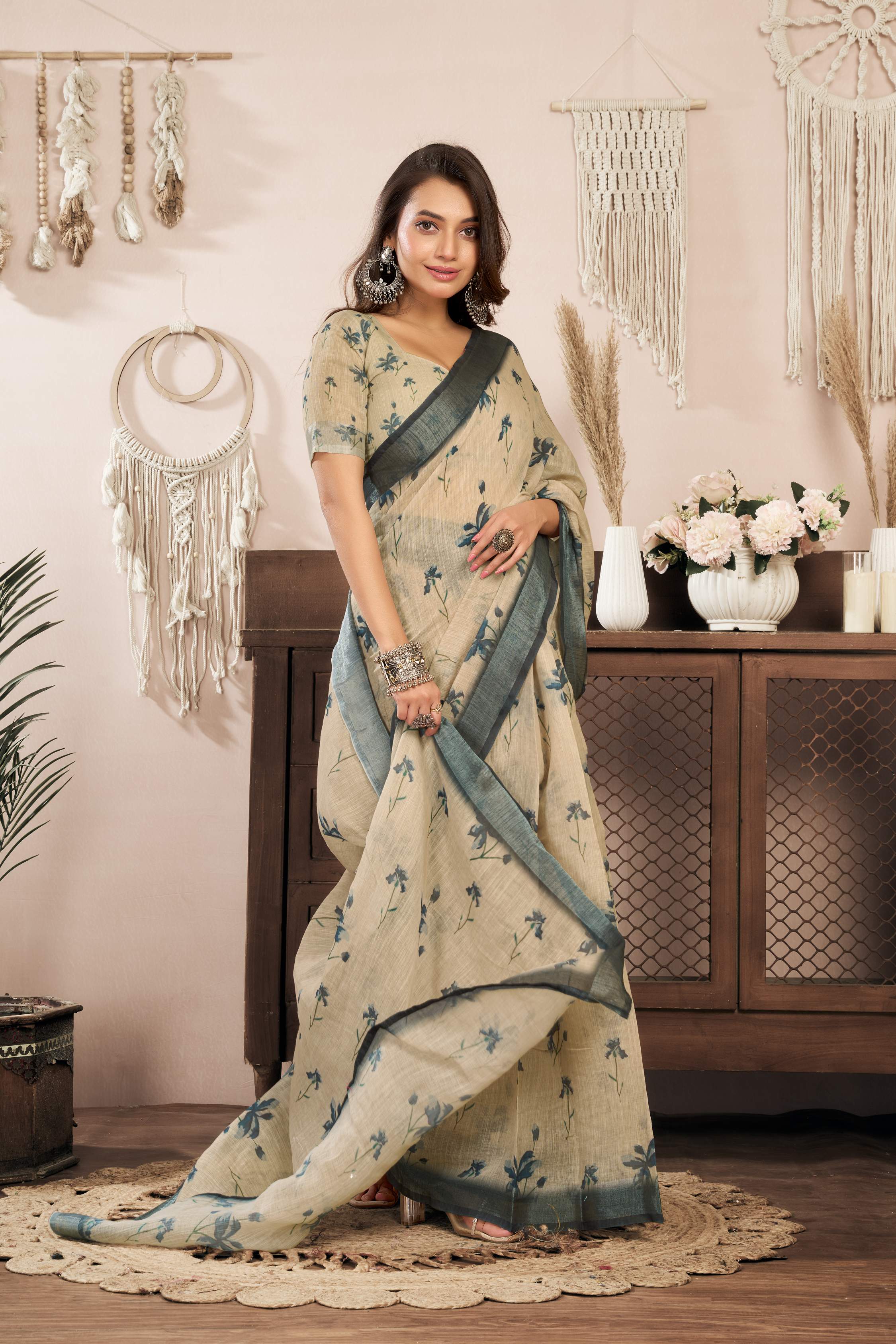 Off-white printed linen ready-to-wear saree with unstitched blouse
