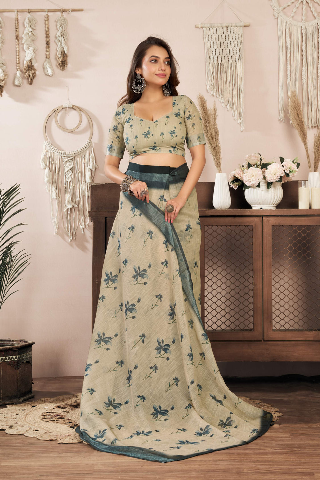 Off-White Printed Linen Ready-to-Wear Saree with Unstitched Blouse